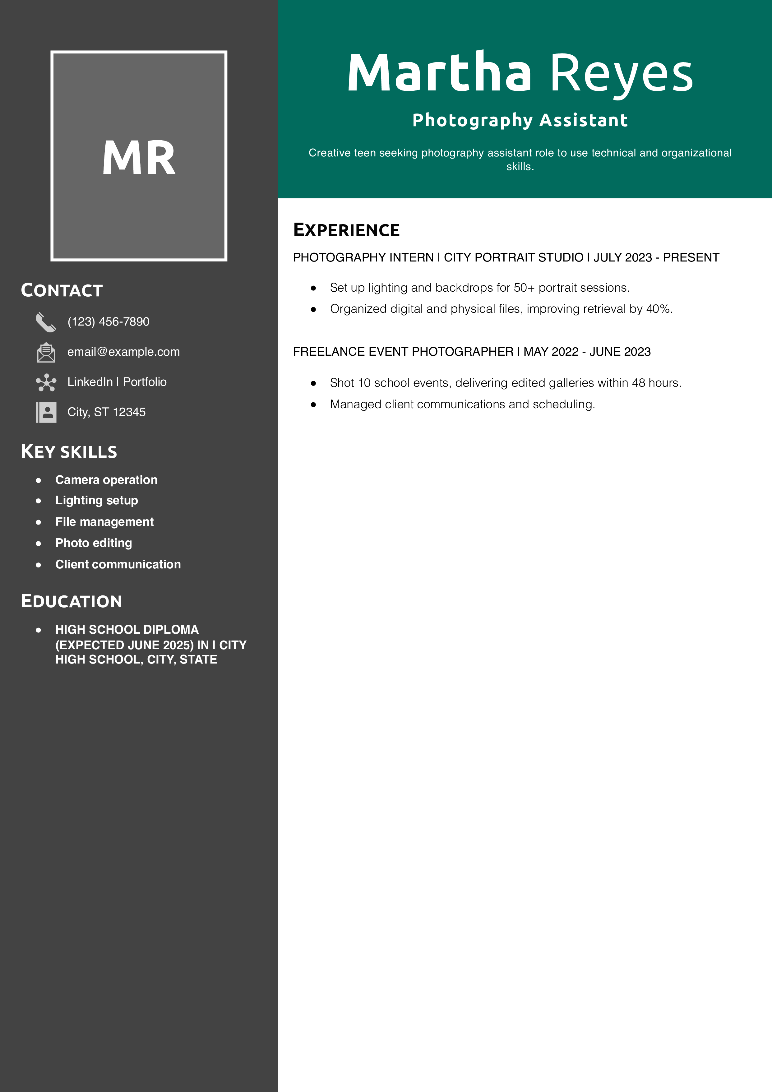 Photography Assistant Resume Example
