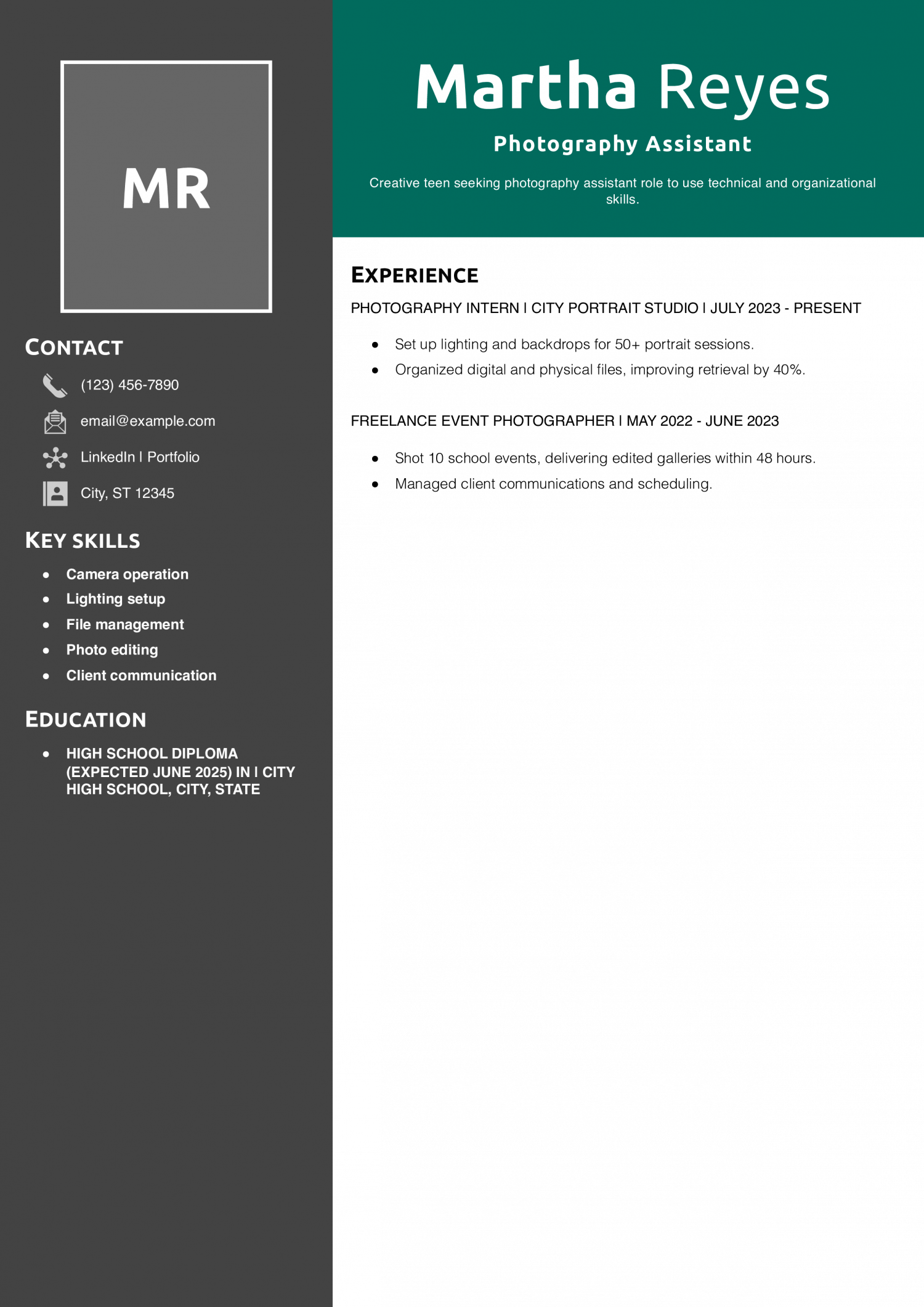 Photography Assistant Resume Example
