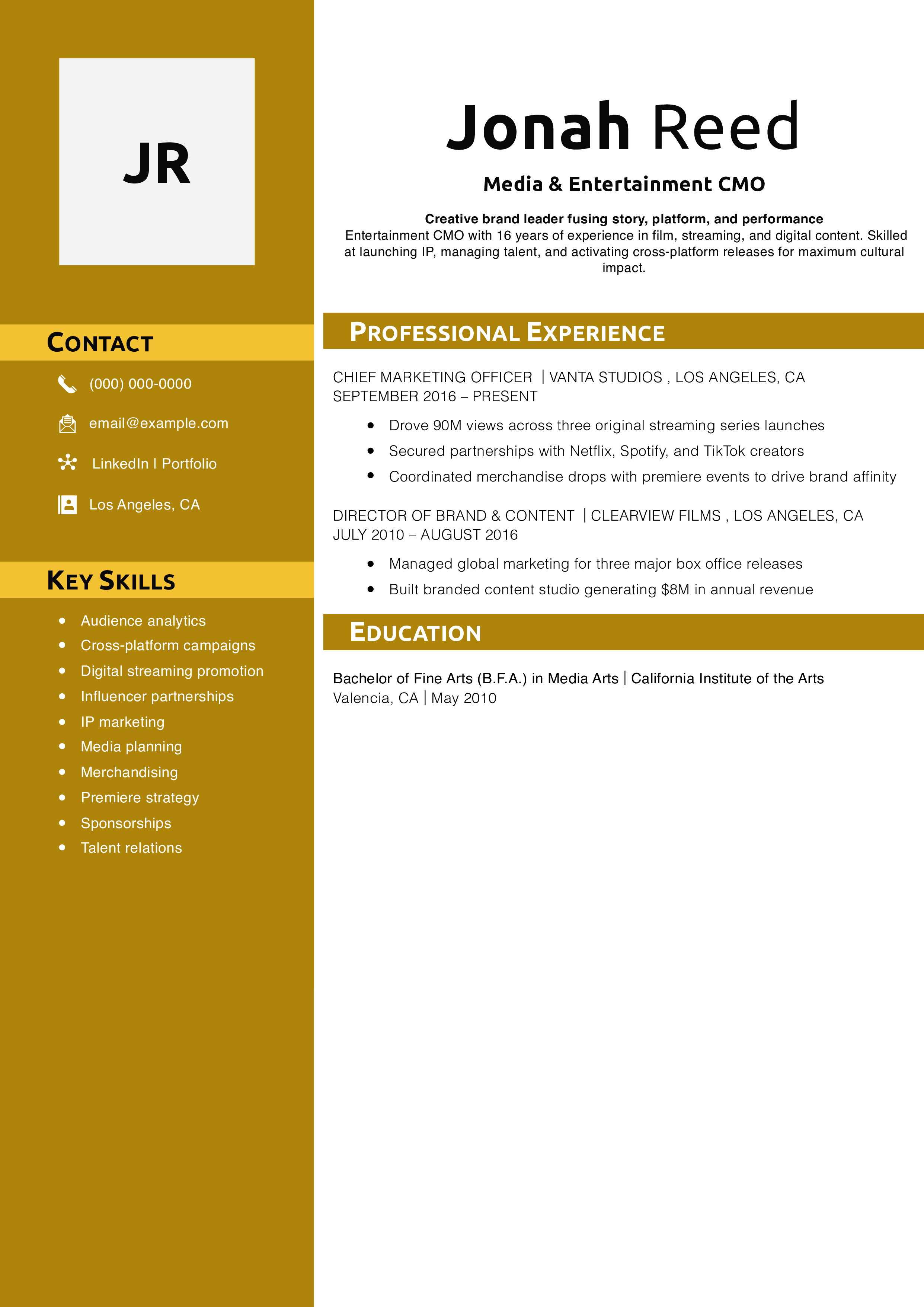 Media & Entertainment CMO Resume