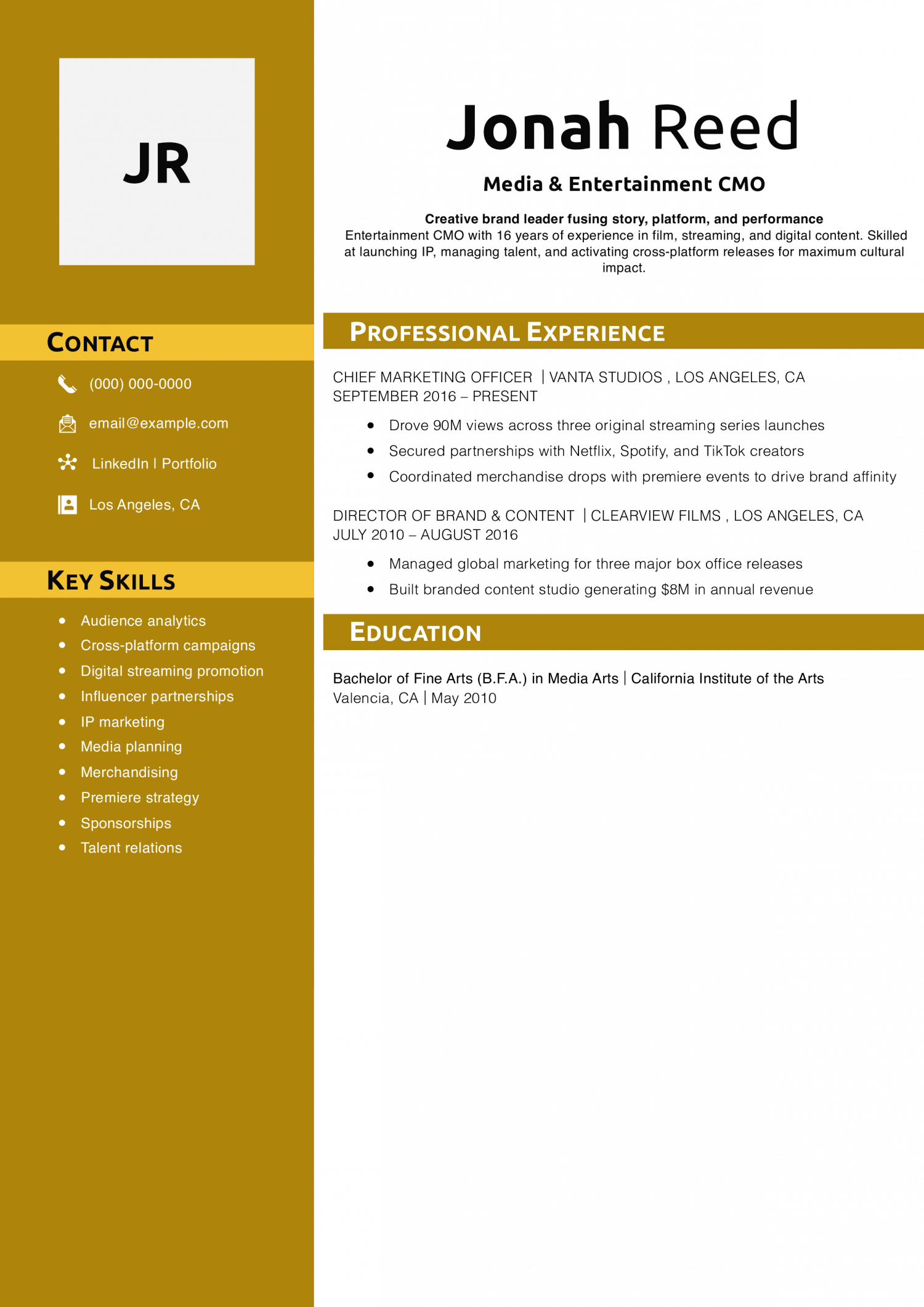 Media & Entertainment CMO Resume