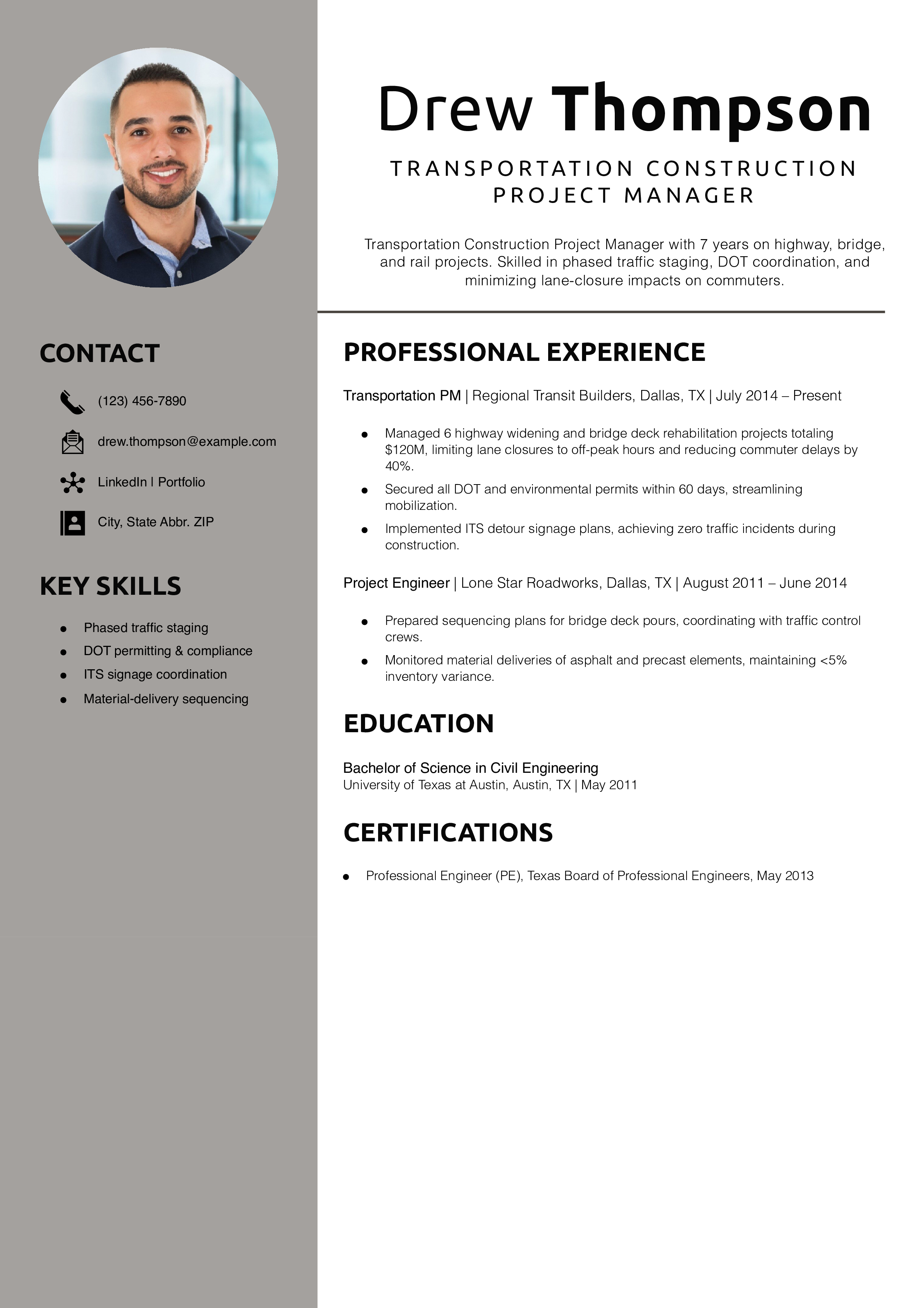 Transportation Construction Project Manager Resume Example 