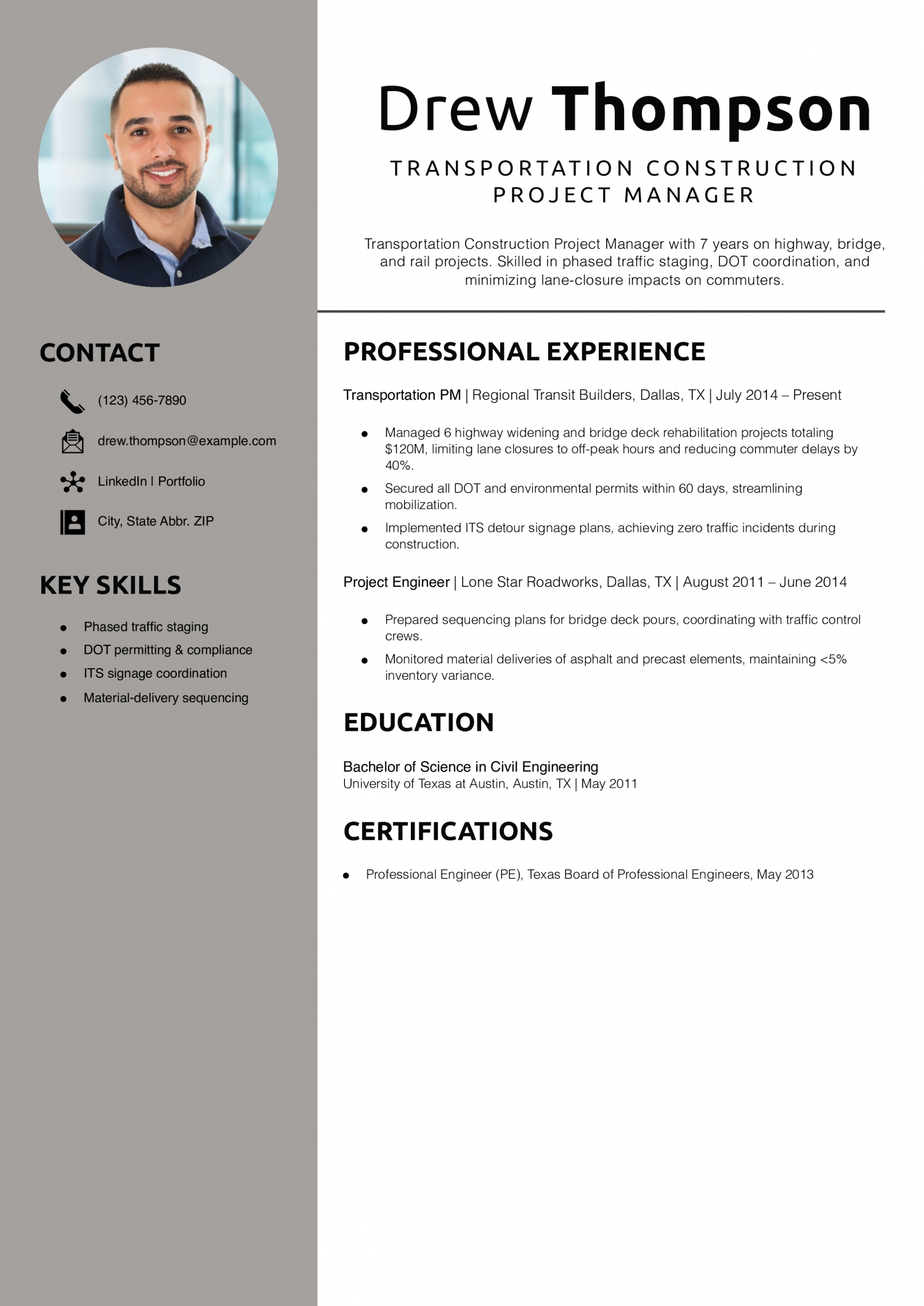 Transportation Construction Project Manager Resume Example 