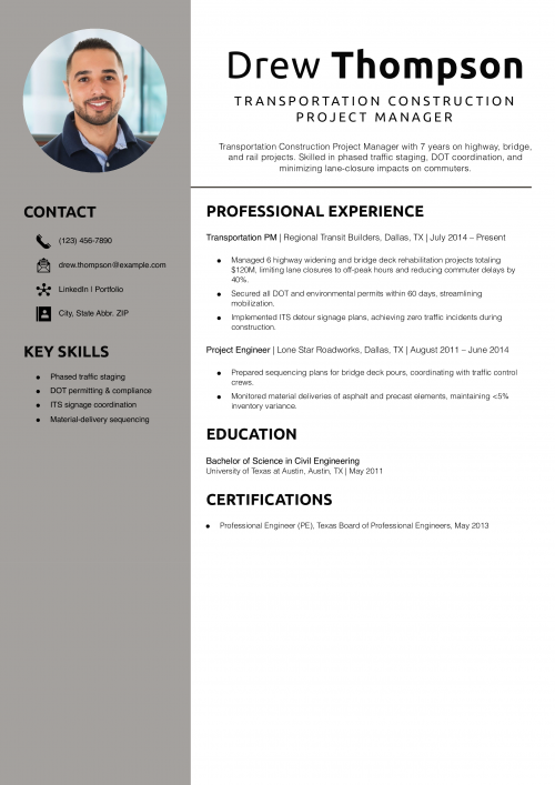 Transportation Construction Project Manager Resume Example 