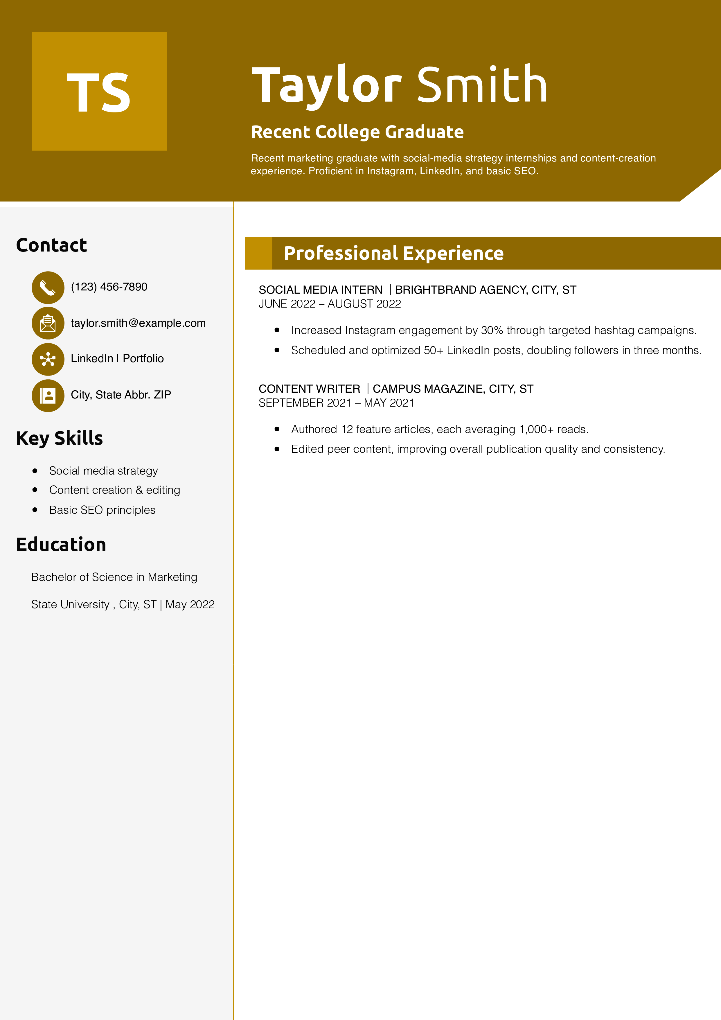 Marketing Resume Example for a Recent College Graduate 