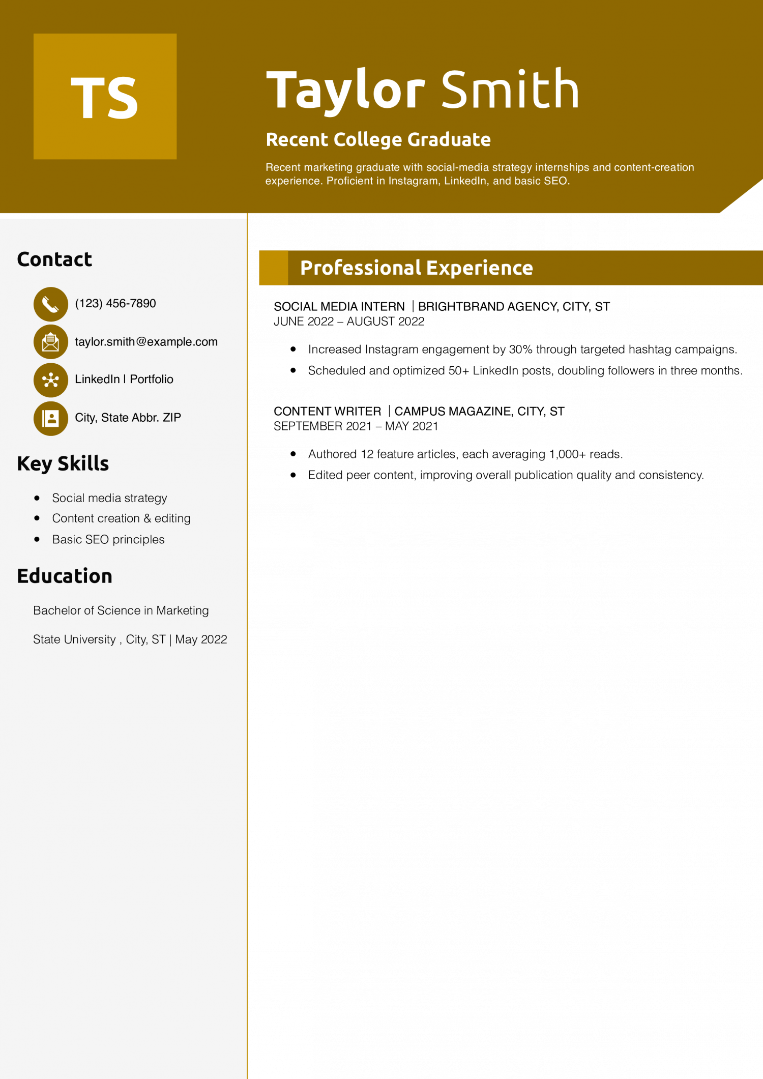Marketing Resume Example for a Recent College Graduate 