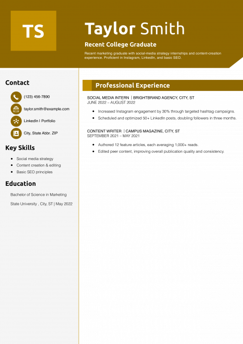 Marketing Resume Example for a Recent College Graduate 