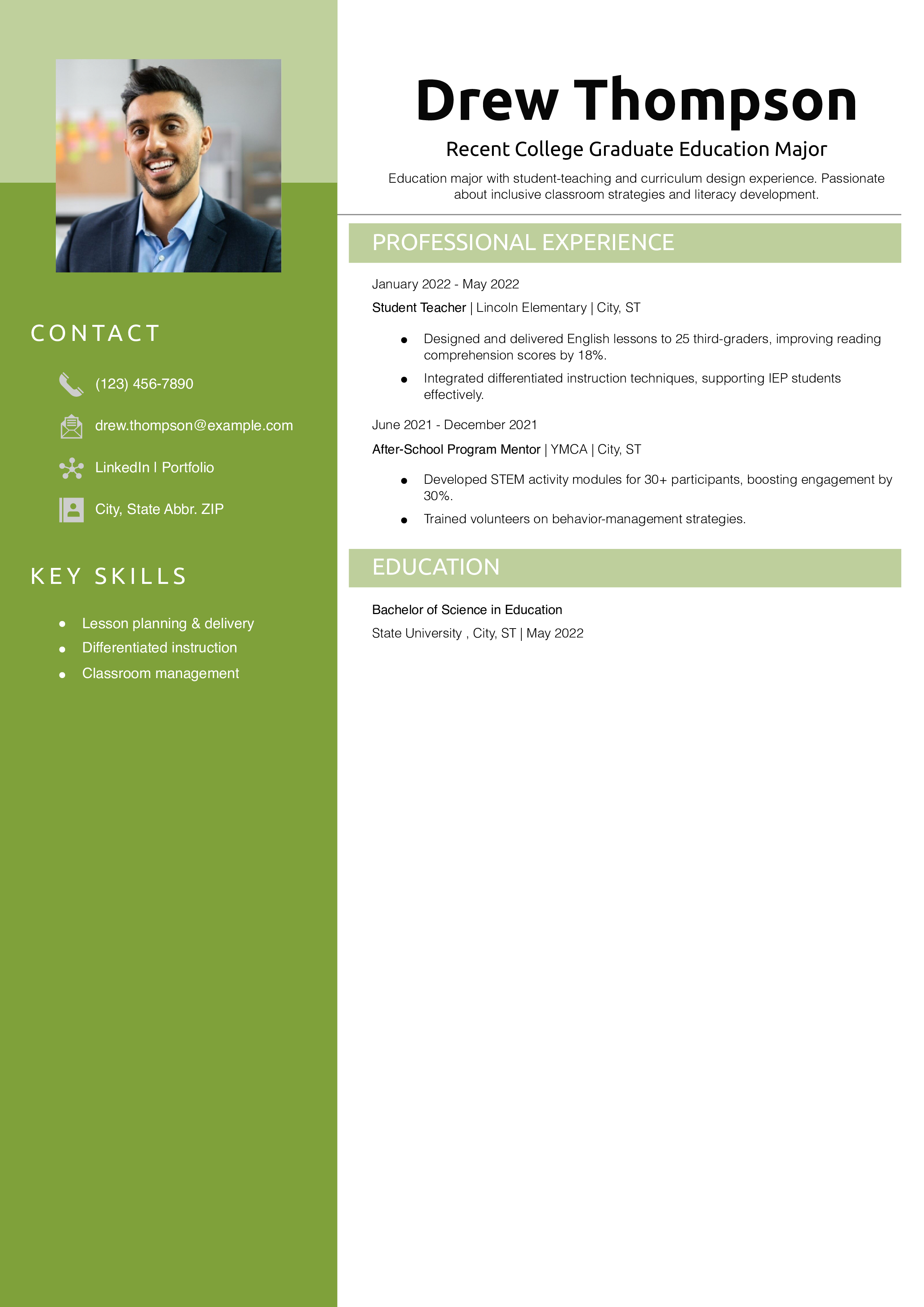 Recent College Graduate Education Major Resume Example 