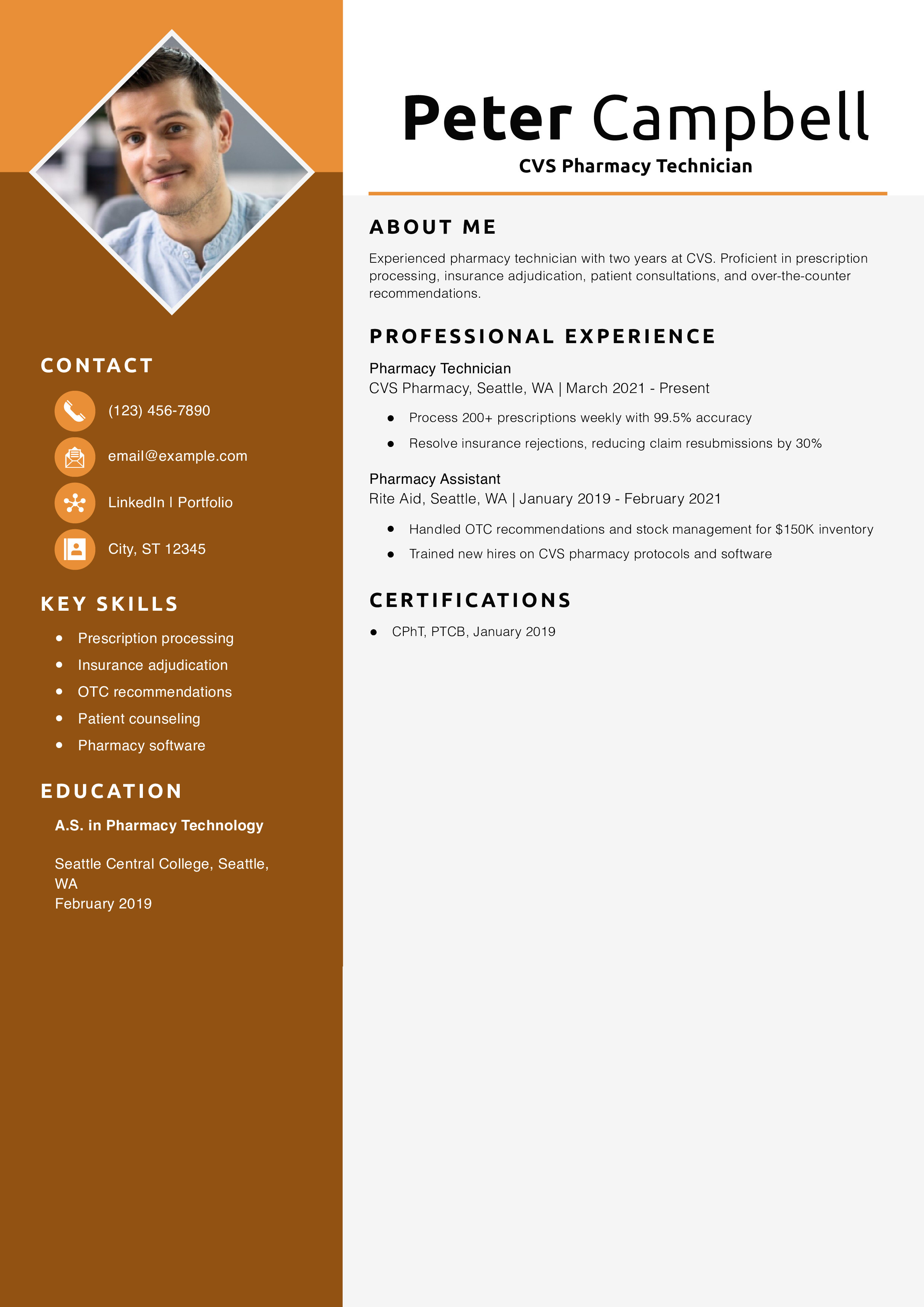 CVS Pharmacy Technician Resume Example