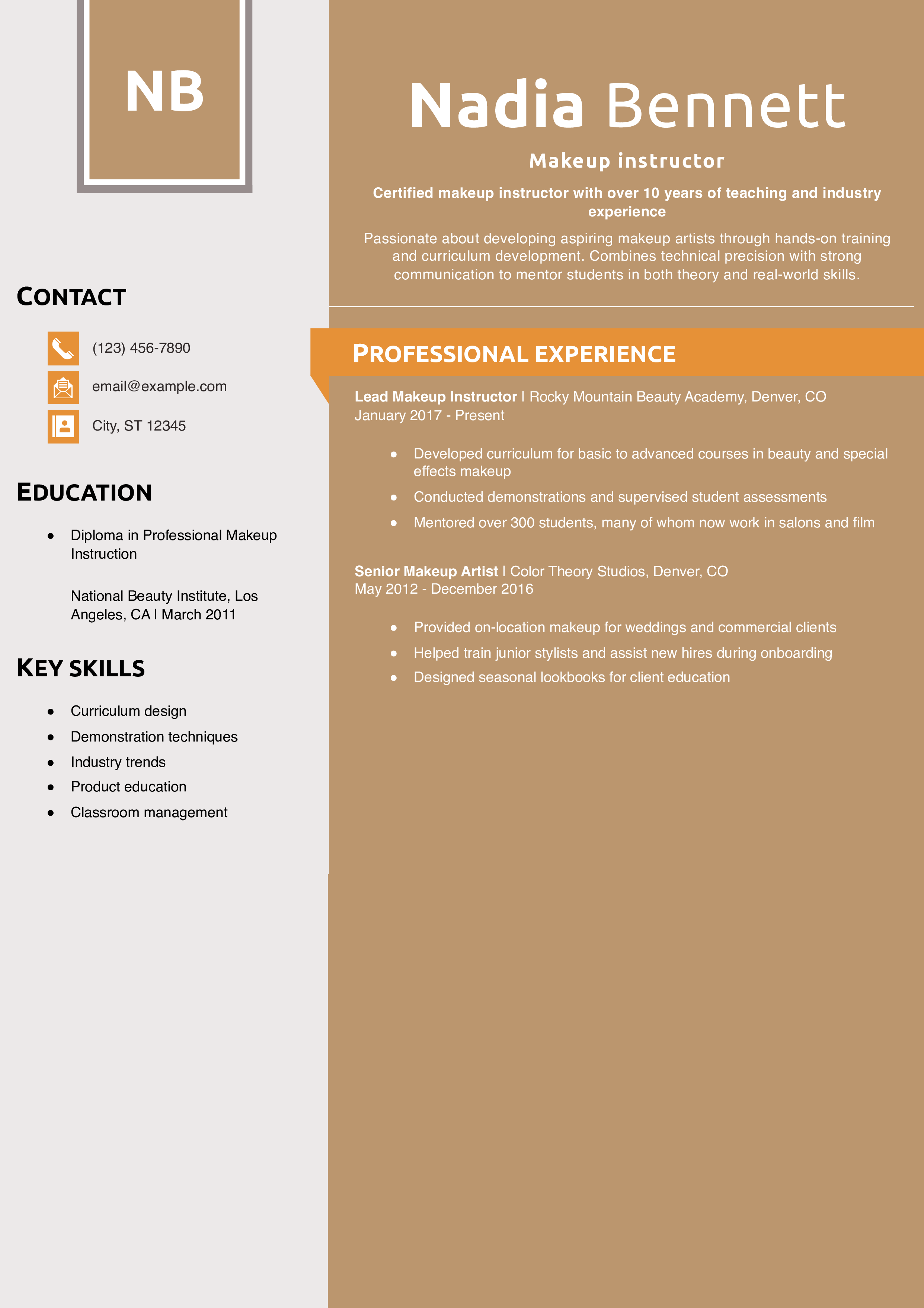 Makeup instructor resume example