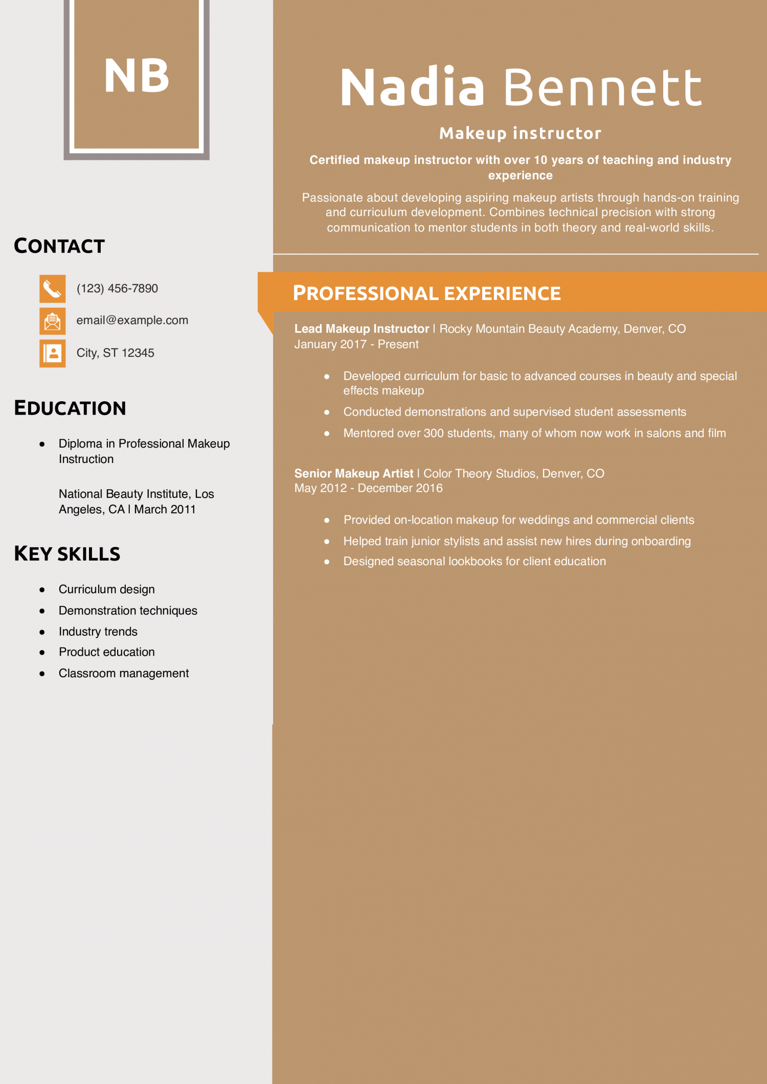 Makeup instructor resume example