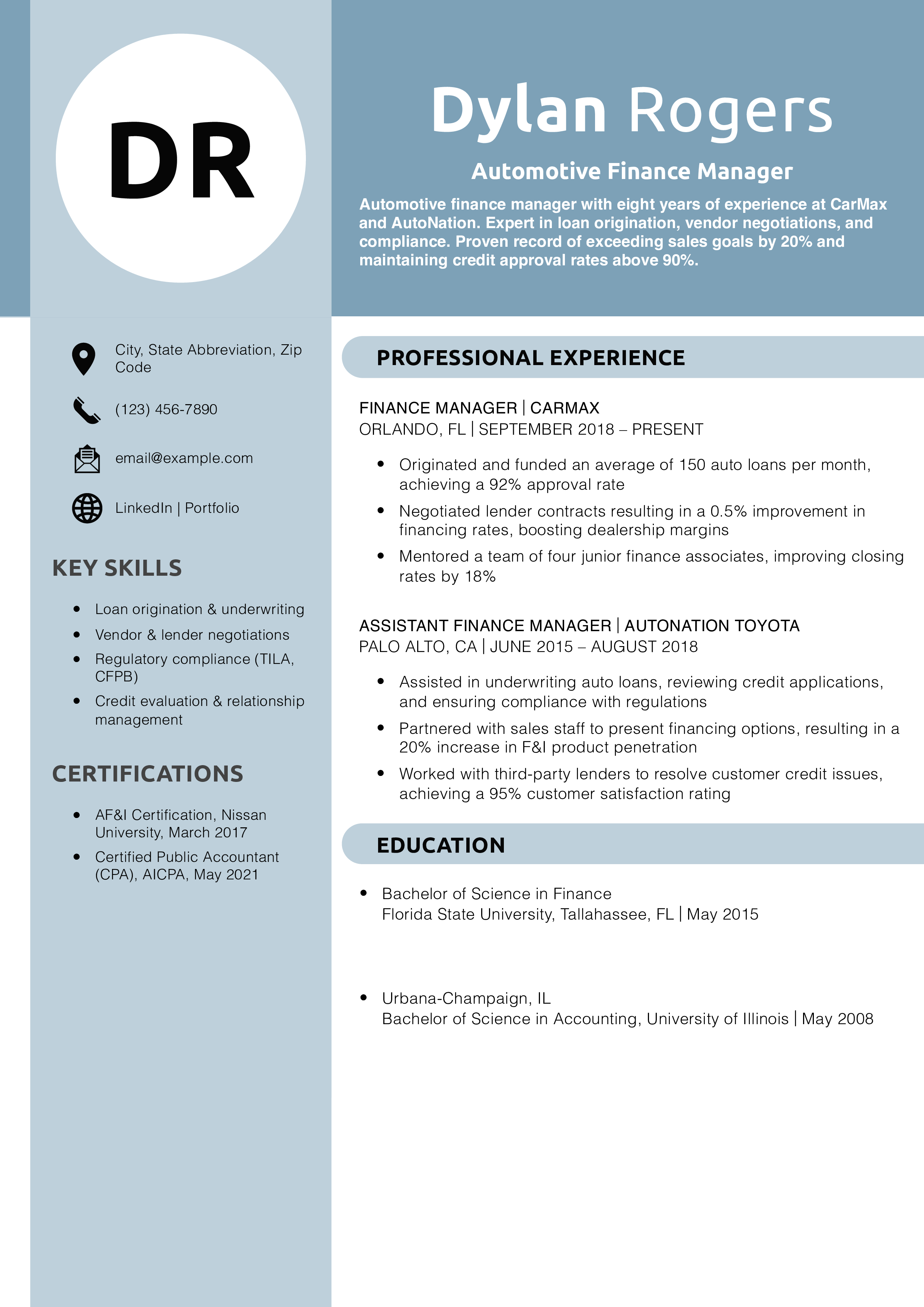 Automotive Finance Manager Resume Example