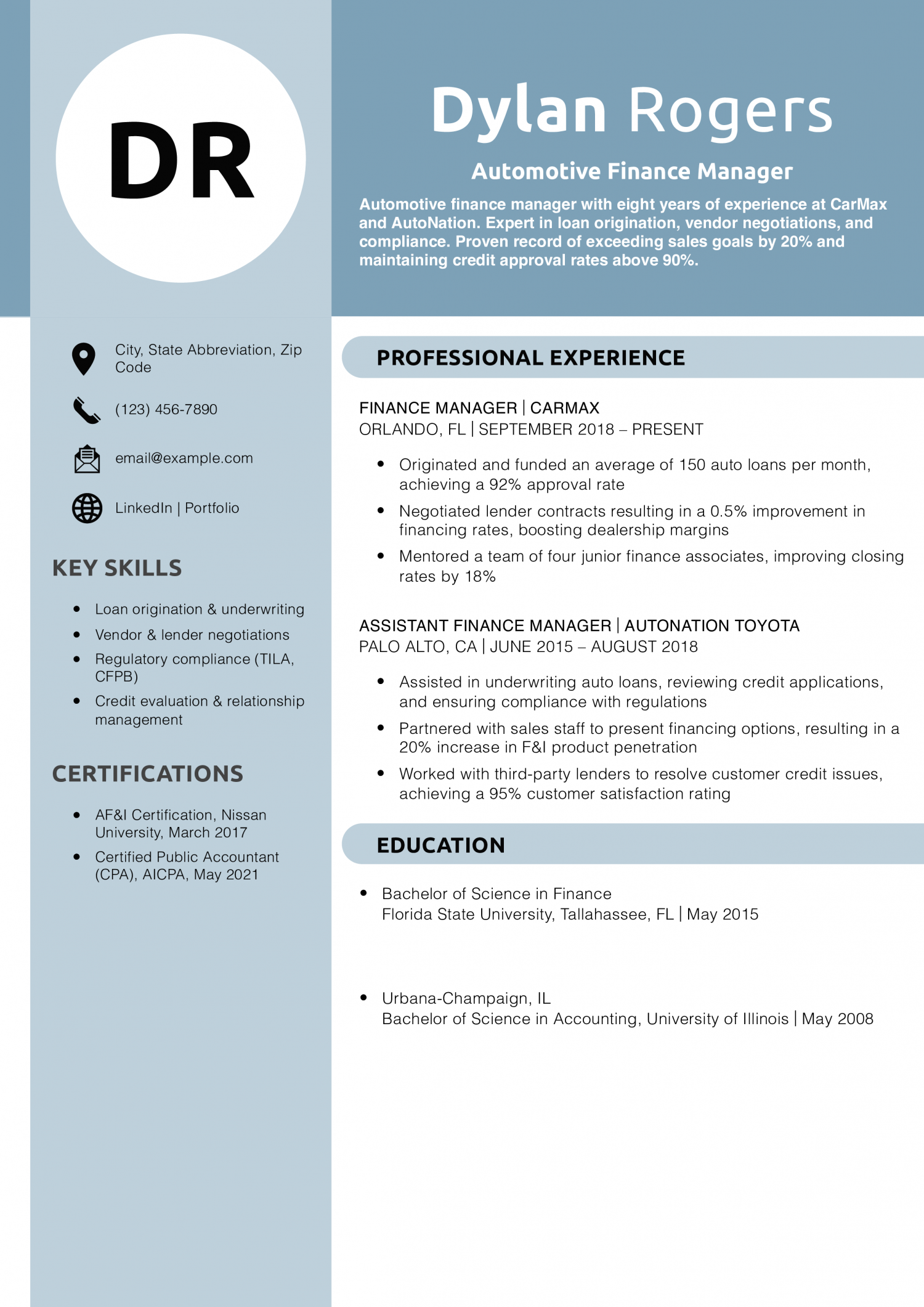 Automotive Finance Manager Resume Example