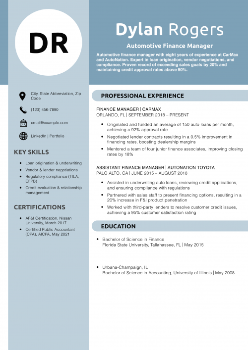 Automotive Finance Manager Resume Example