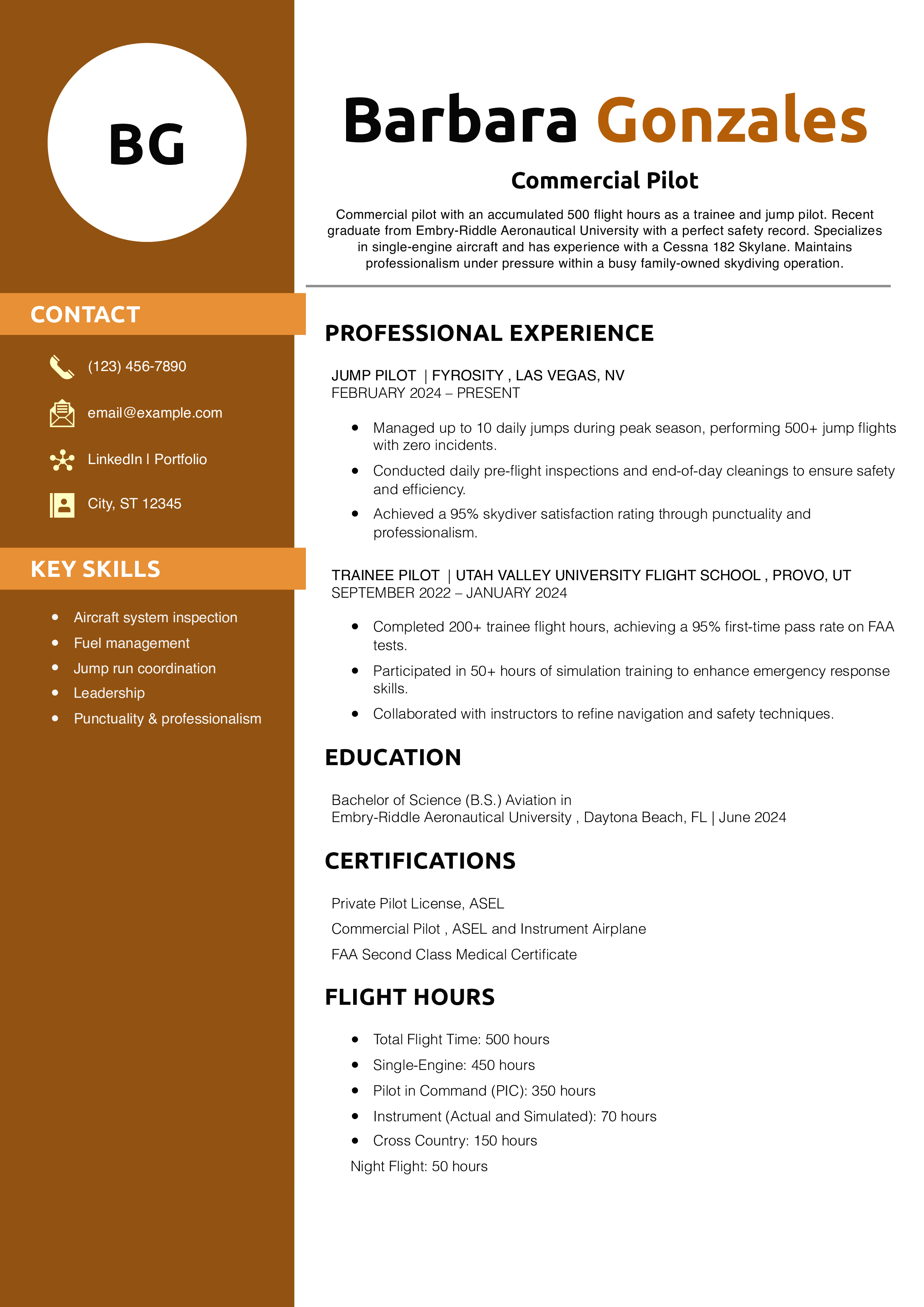 Commercial Pilot Resume Example