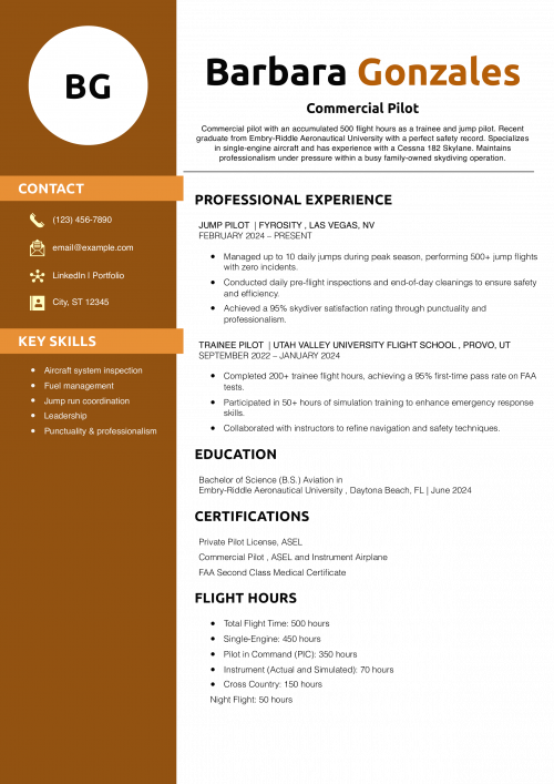 Commercial Pilot Resume Example