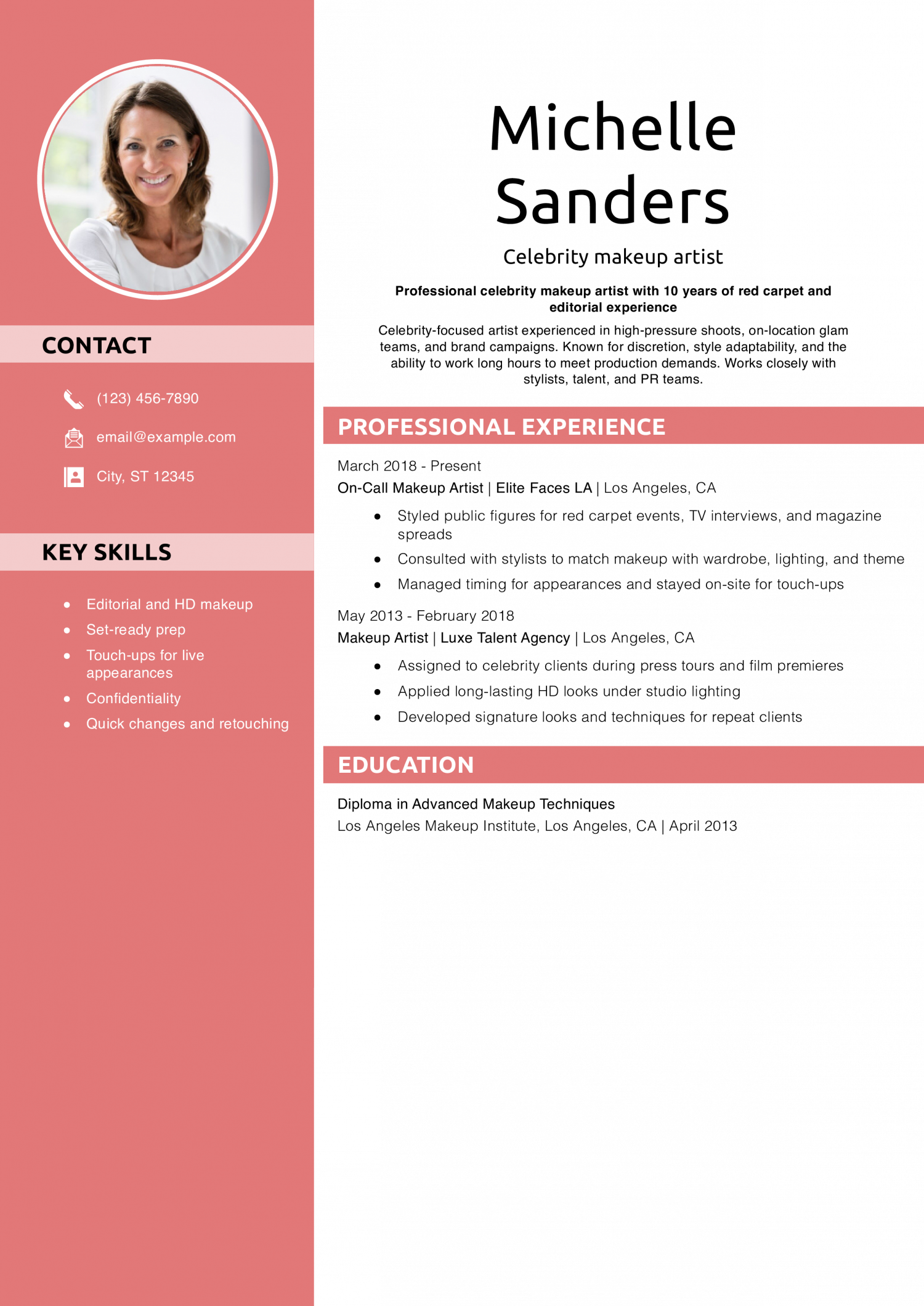 Celebrity makeup artist resume example