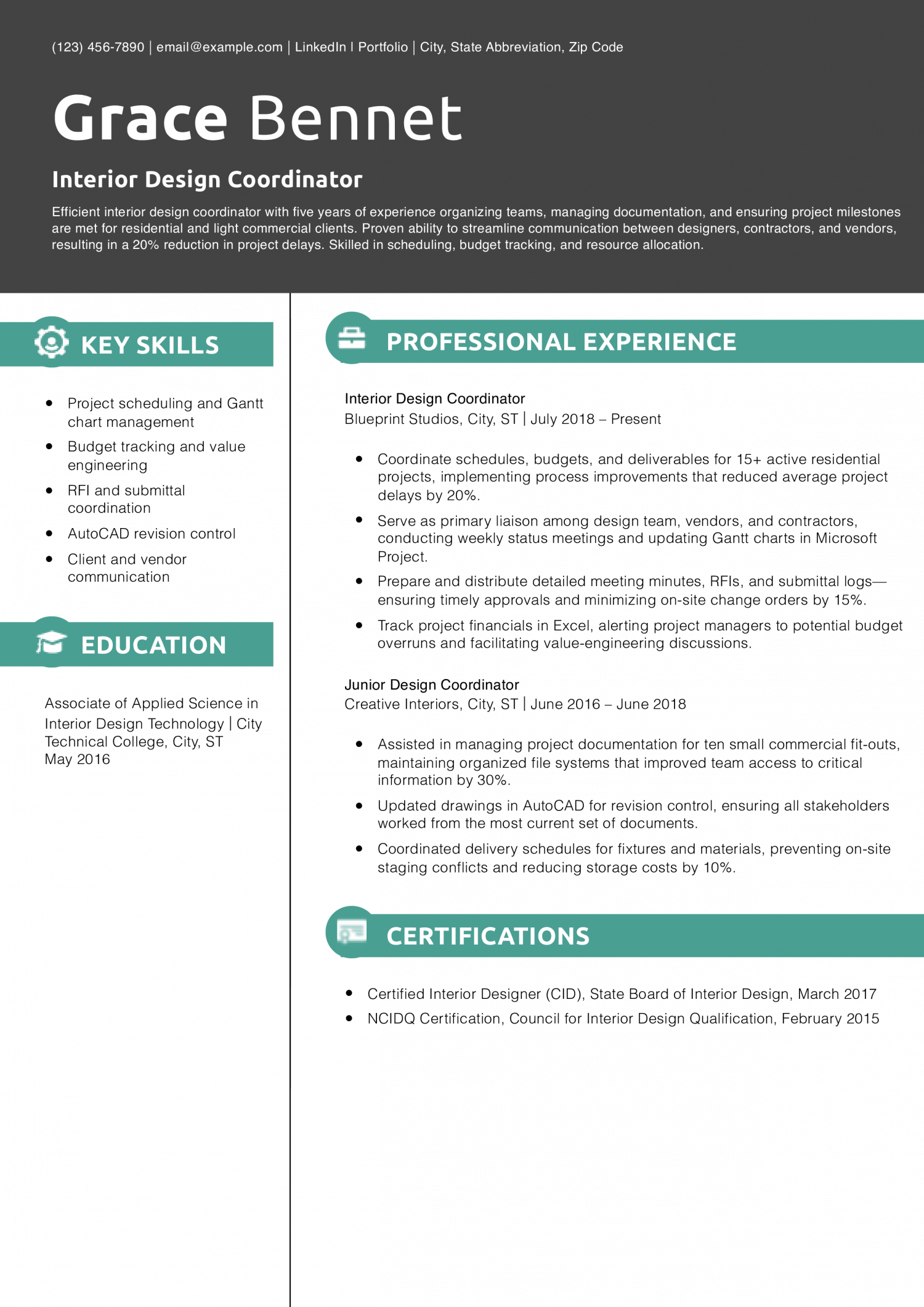 Interior Design Coordinator Resume Example