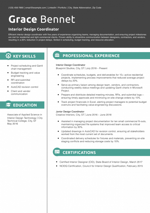 Interior Design Coordinator Resume Example