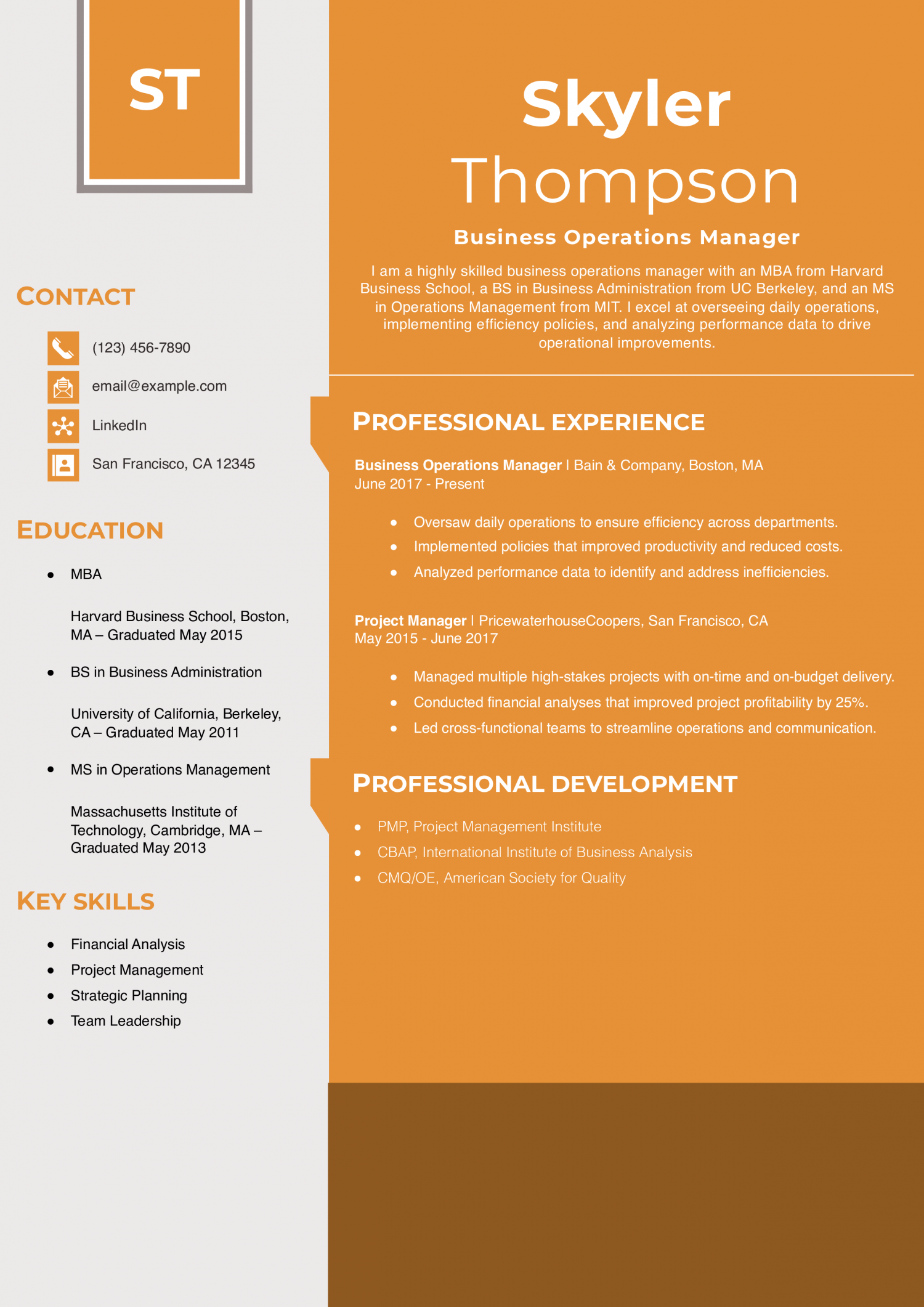 Business Operations Manager Resume Example