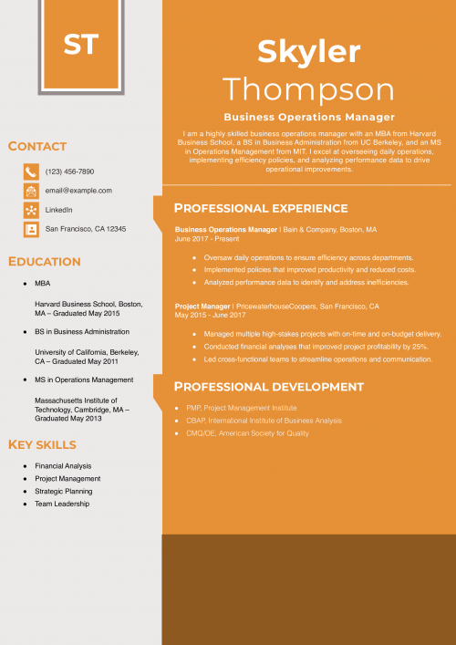 Business Operations Manager Resume Example