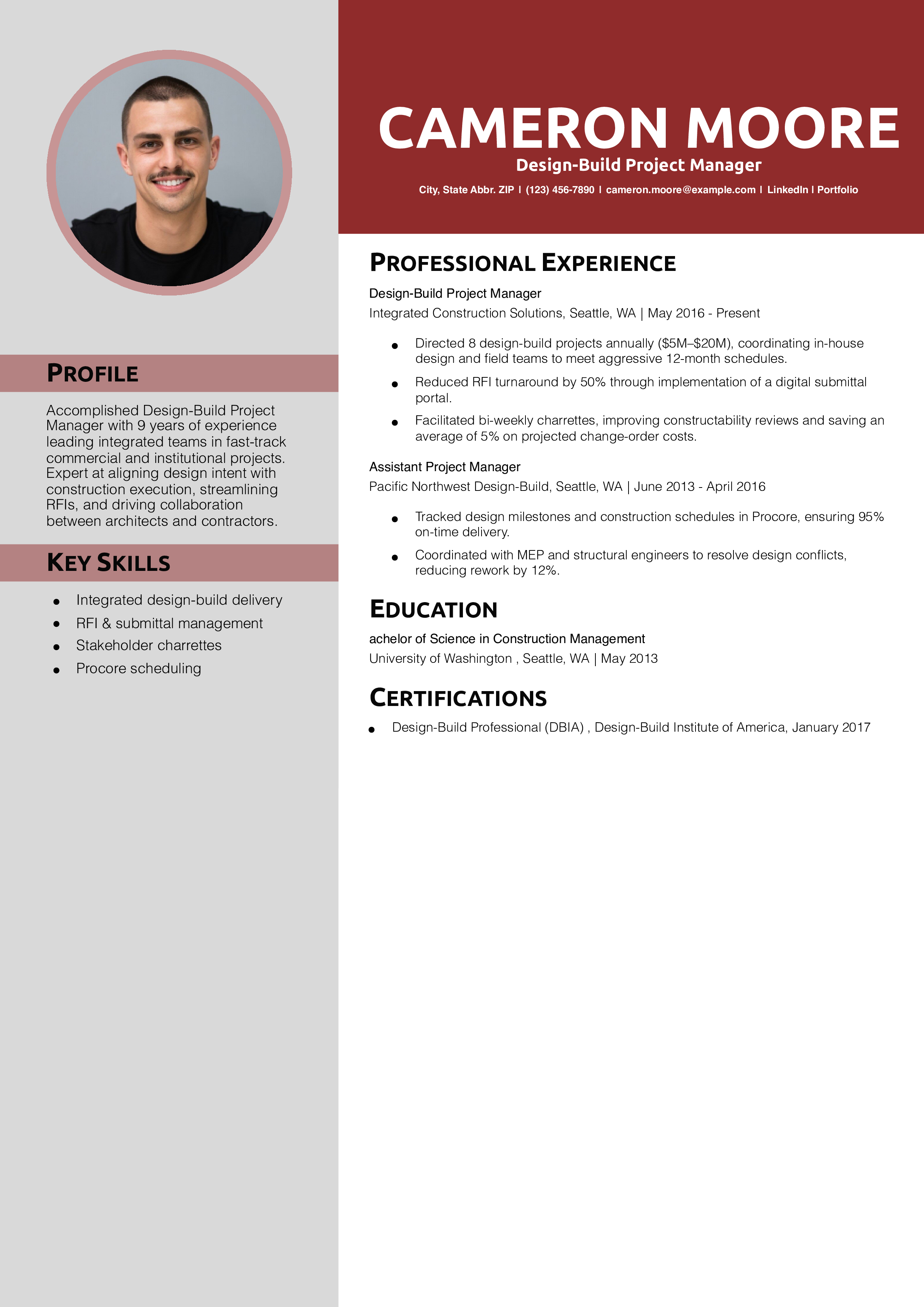 Design-Build Project Manager Resume Example 