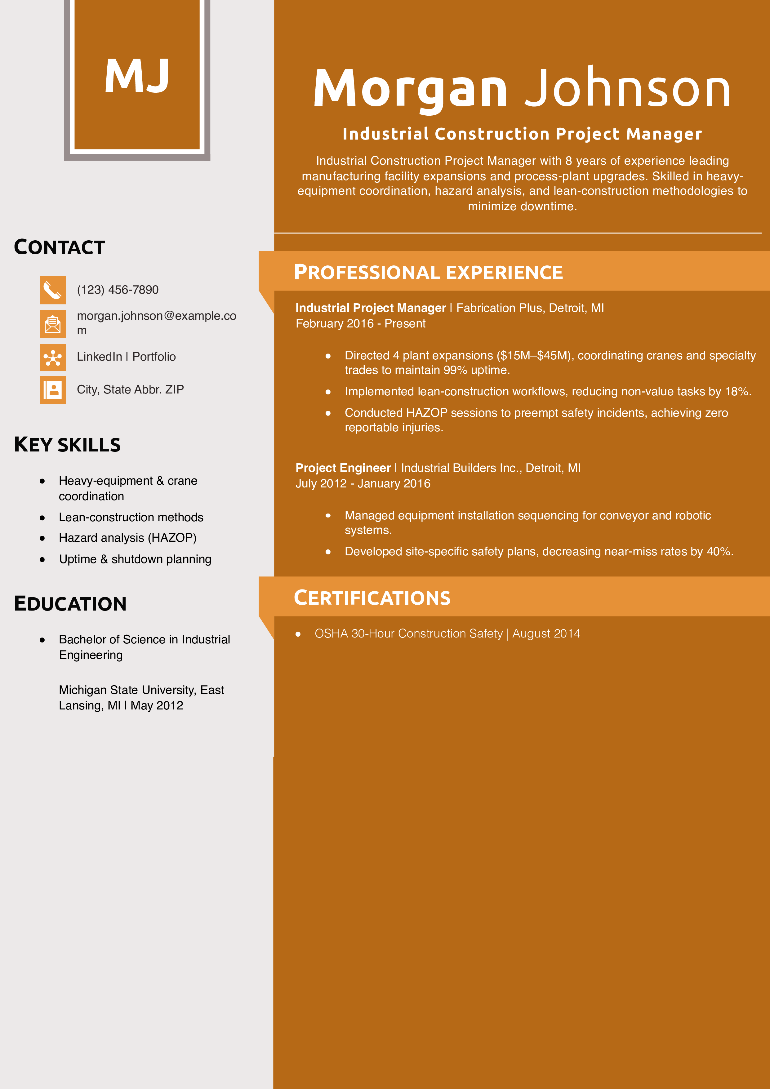 Industrial Construction Project Manager Resume Example 
