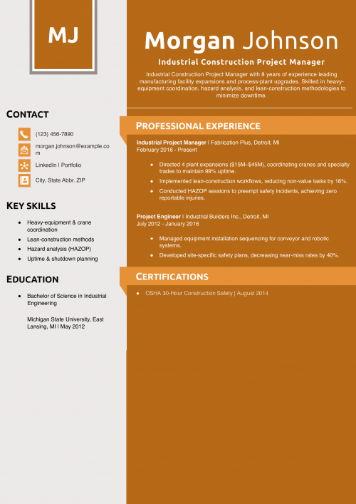 Industrial Construction Project Manager Resume Example 