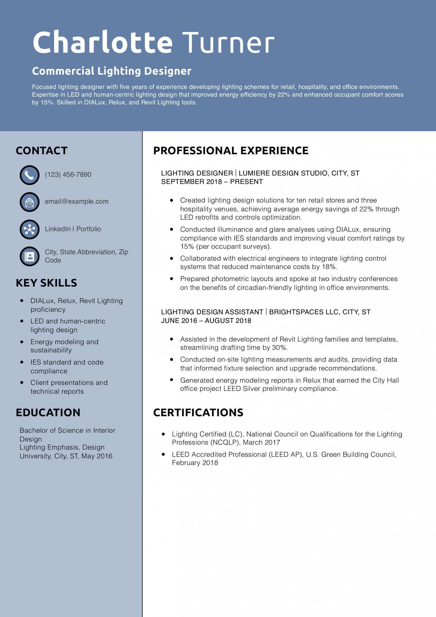 Commercial Lighting Designer Resume Example
