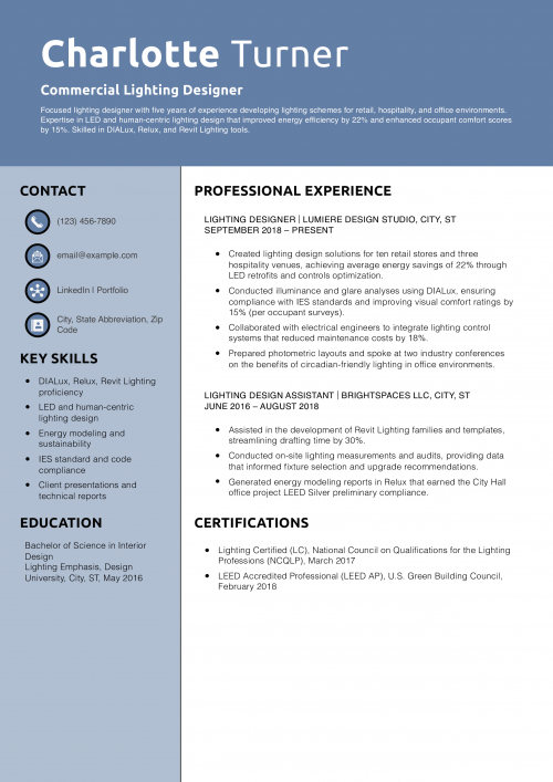 Commercial Lighting Designer Resume Example