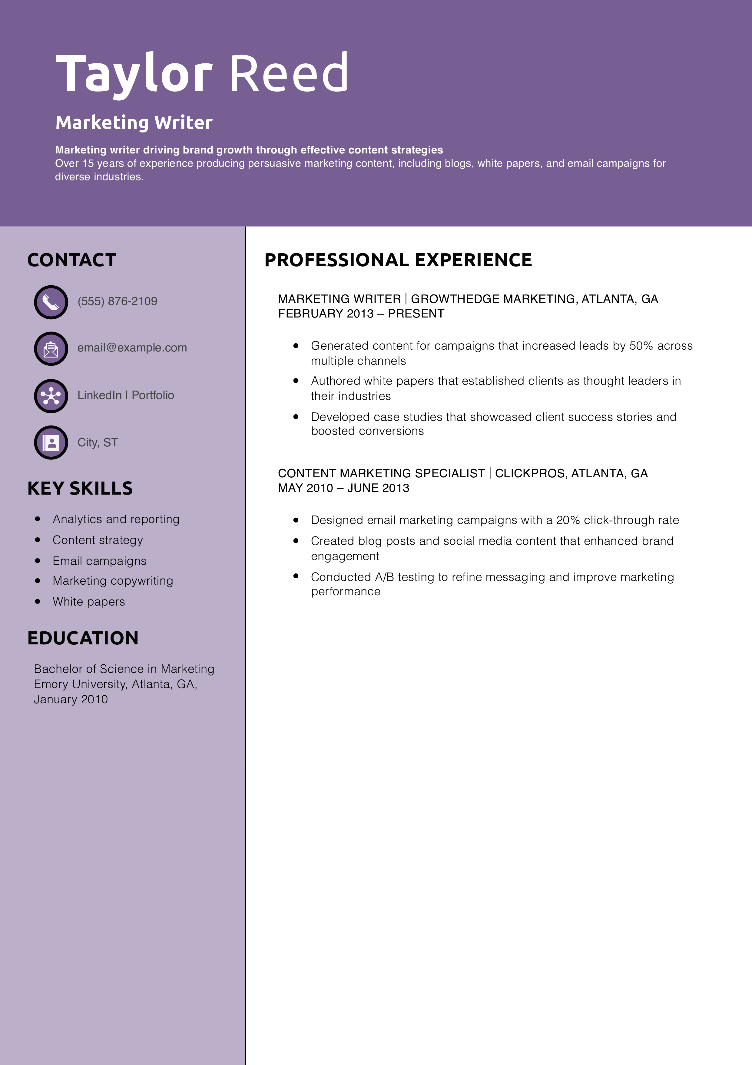 Marketing Writer Resume