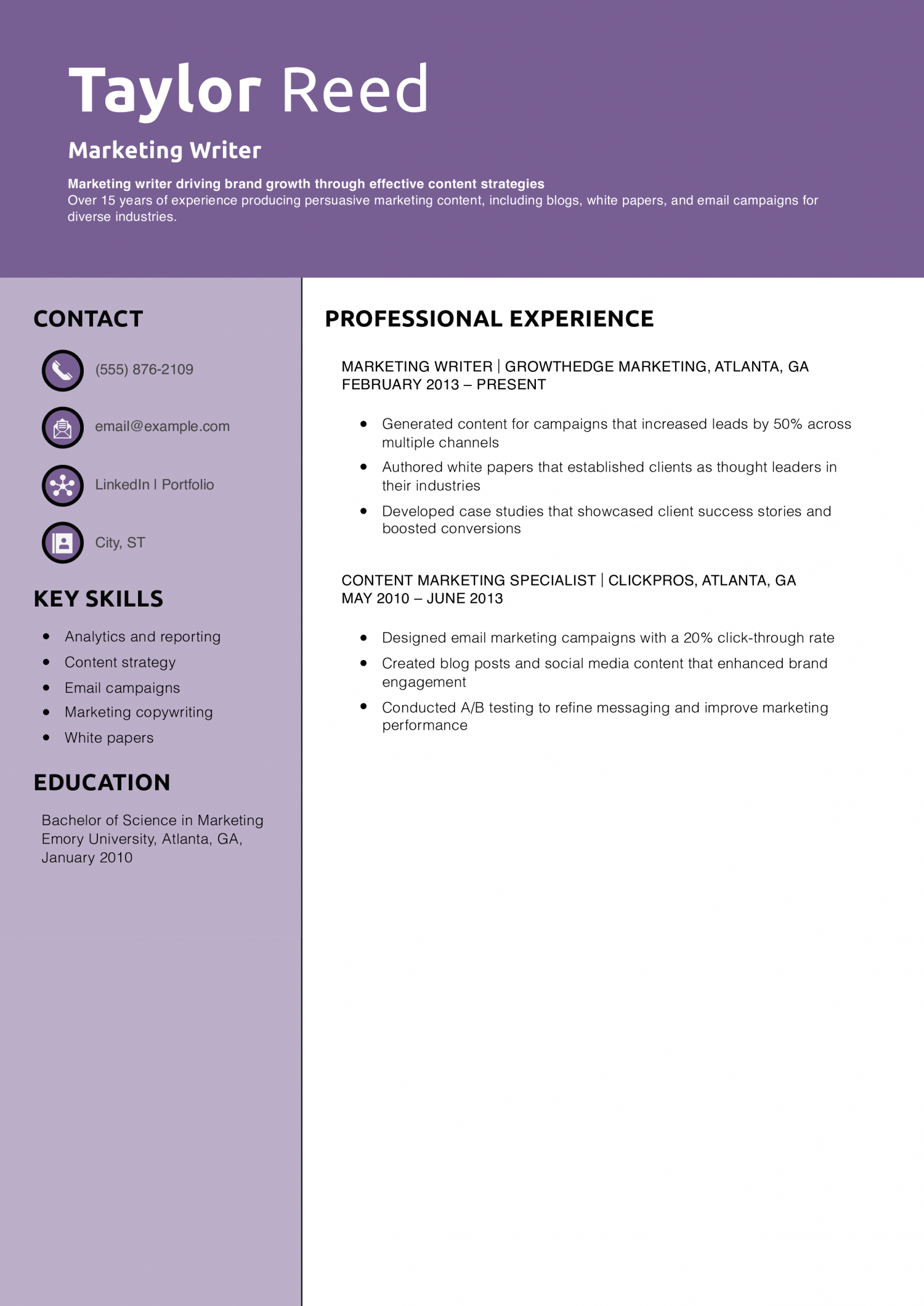 Marketing Writer Resume