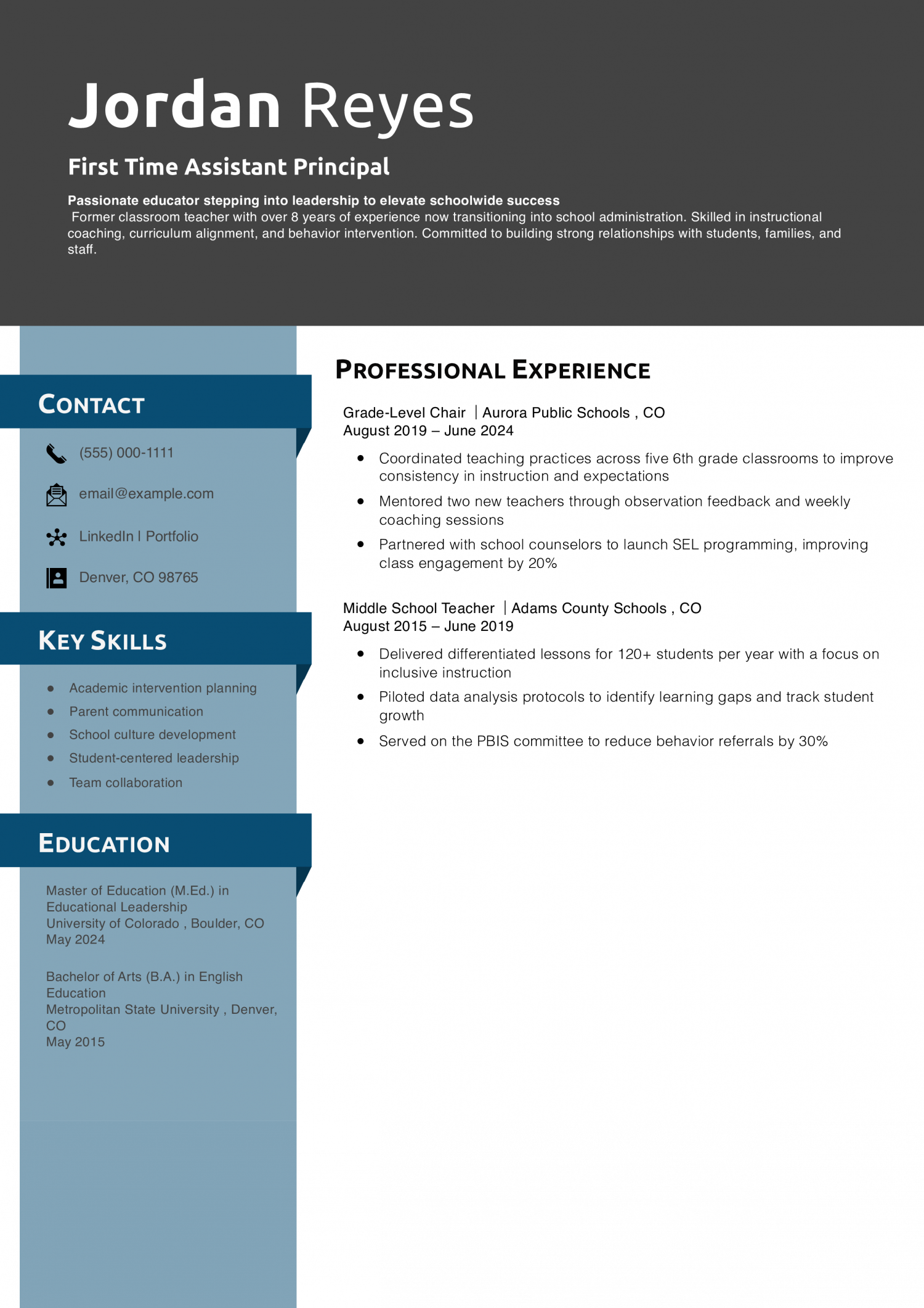 First Time Assistant Principal Resume 