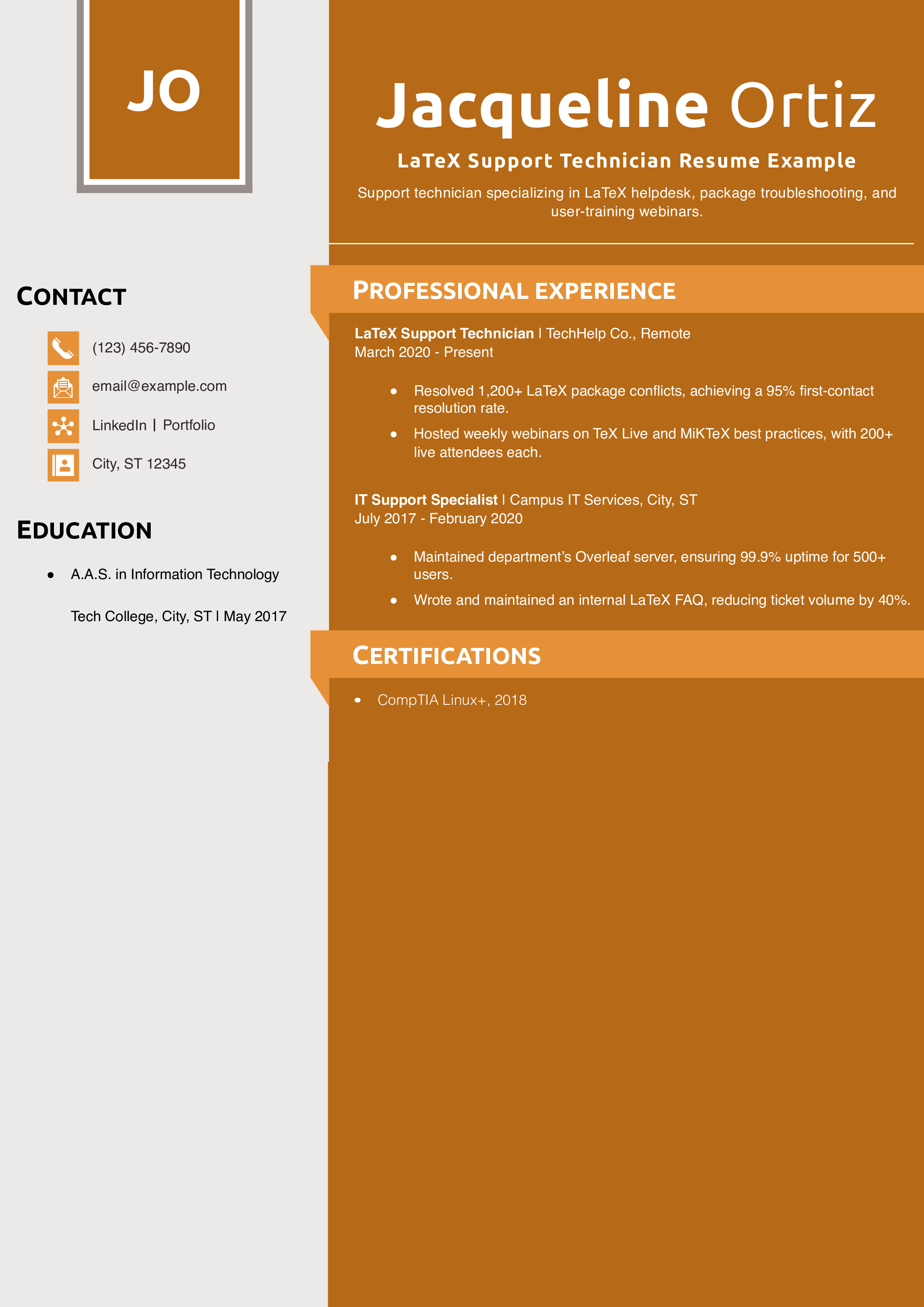 LaTeX Support Technician Resume Example