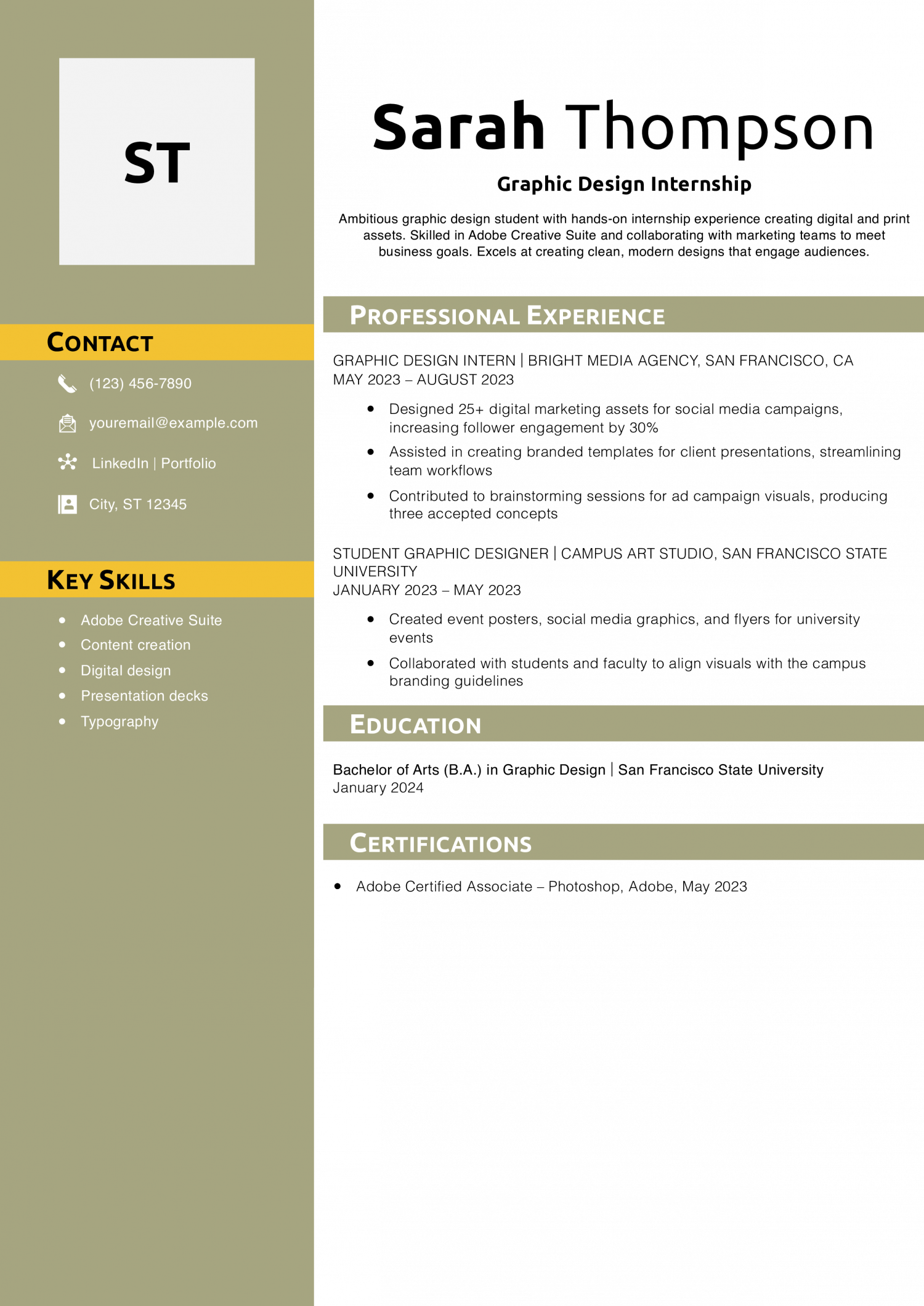 Graphic Design Internship Resume Example