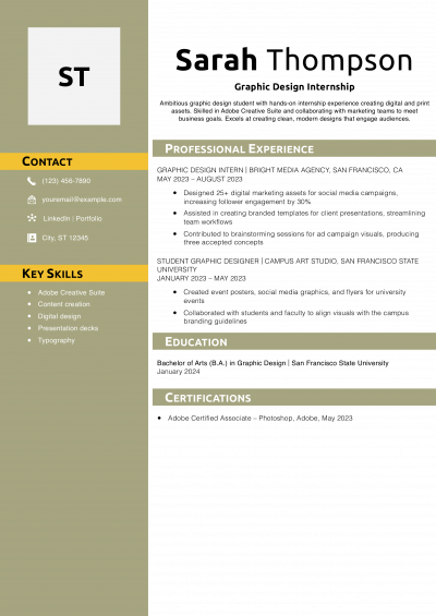 Graphic Design Internship  Resume Example
