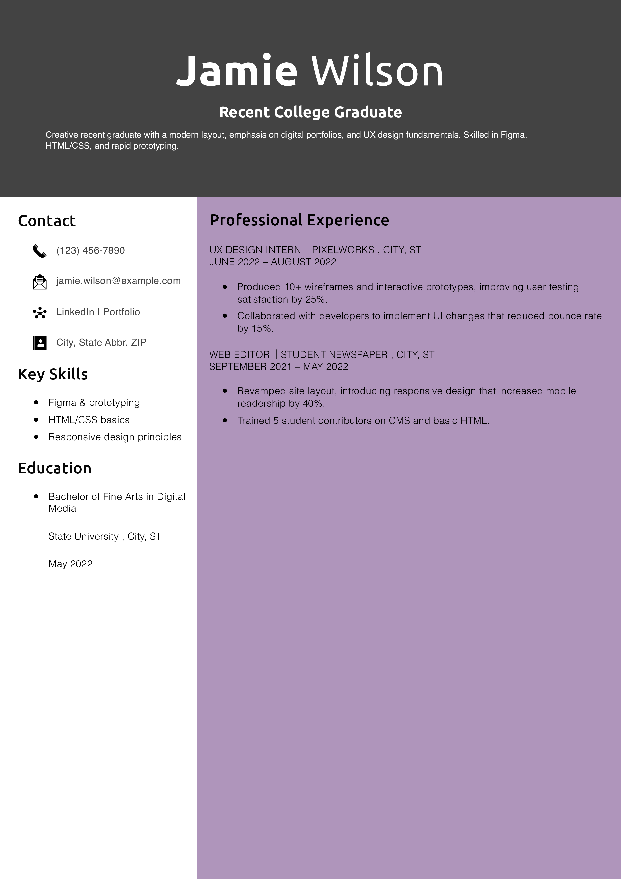 Modern Resume for a Recent College Graduate