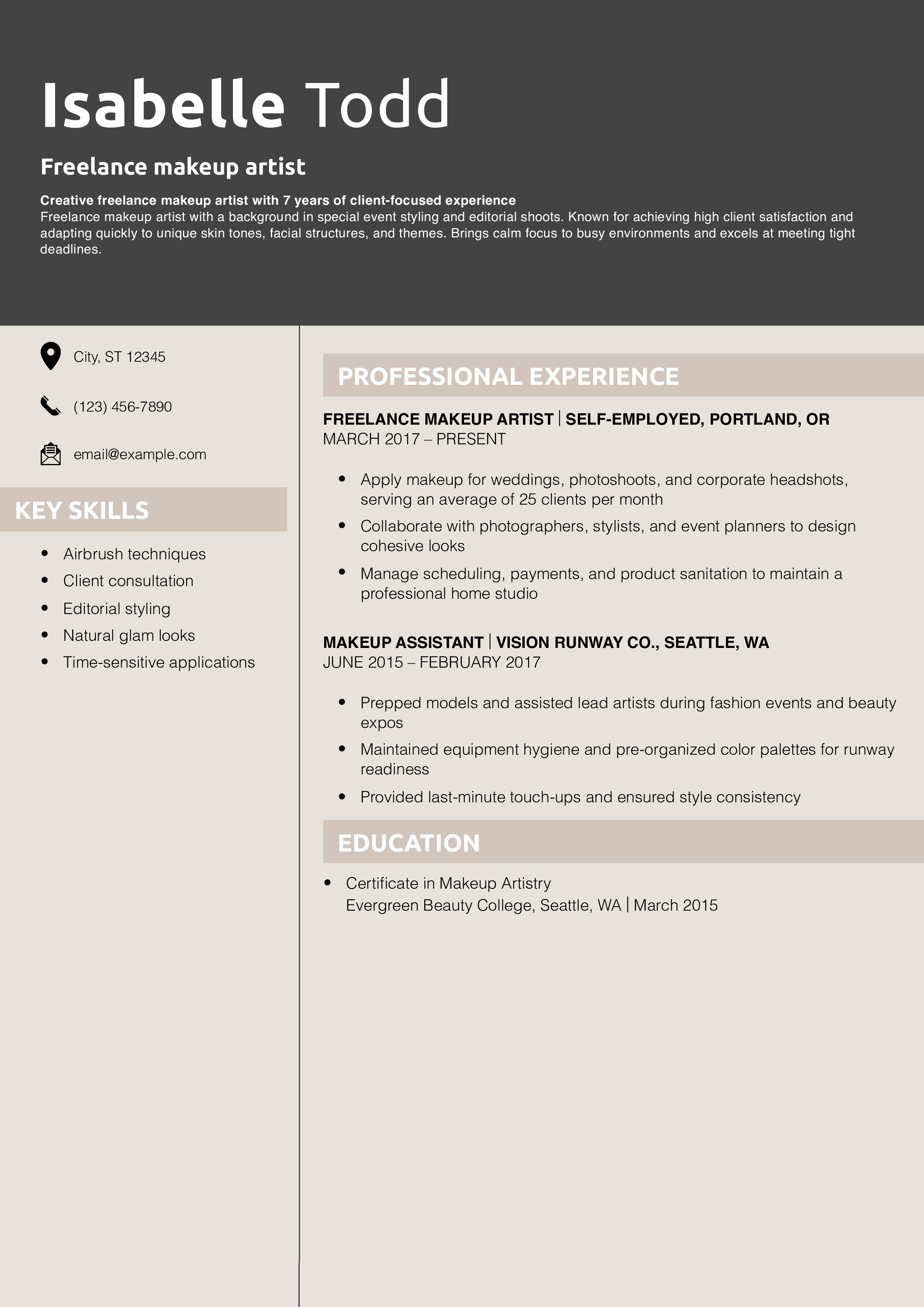 Freelance makeup artist resume example