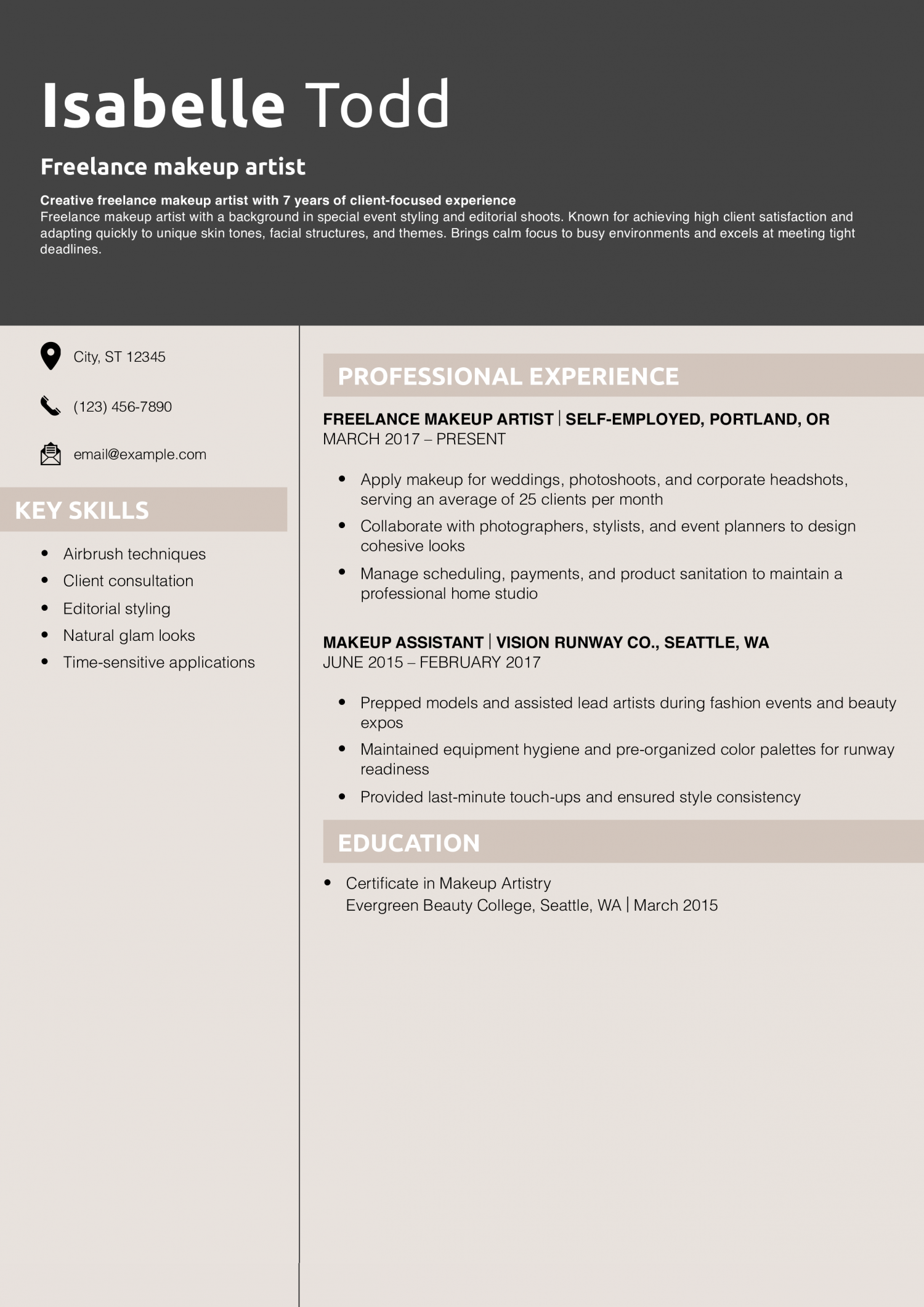 Freelance makeup artist resume example