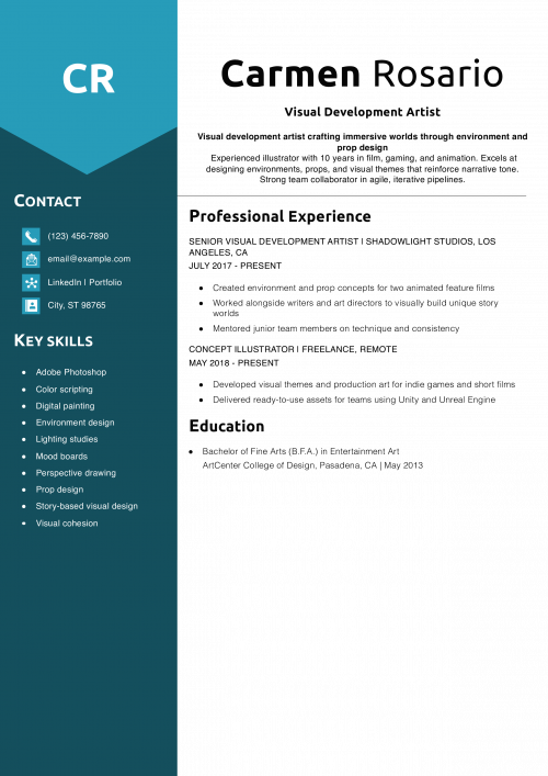 Visual Development Artist Resume