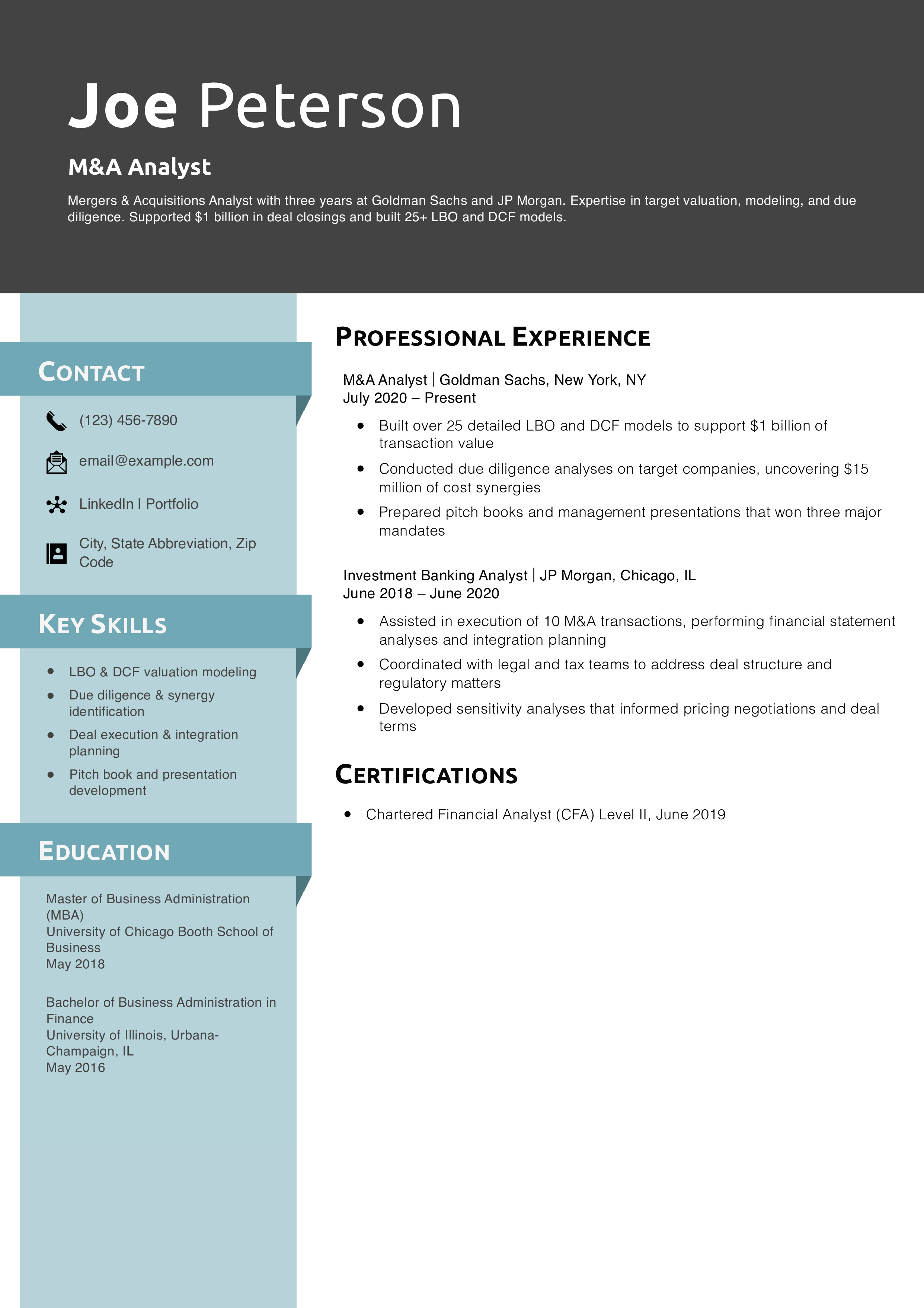 M&A Analyst Resume Example