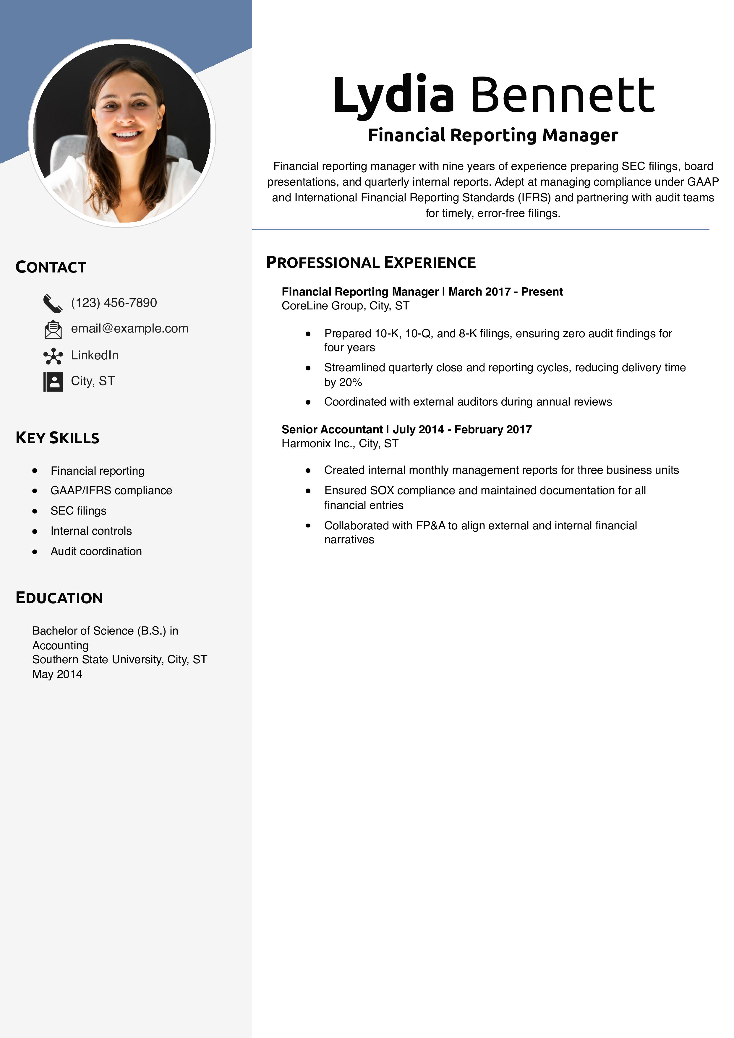 Financial Reporting Manager Resume Example