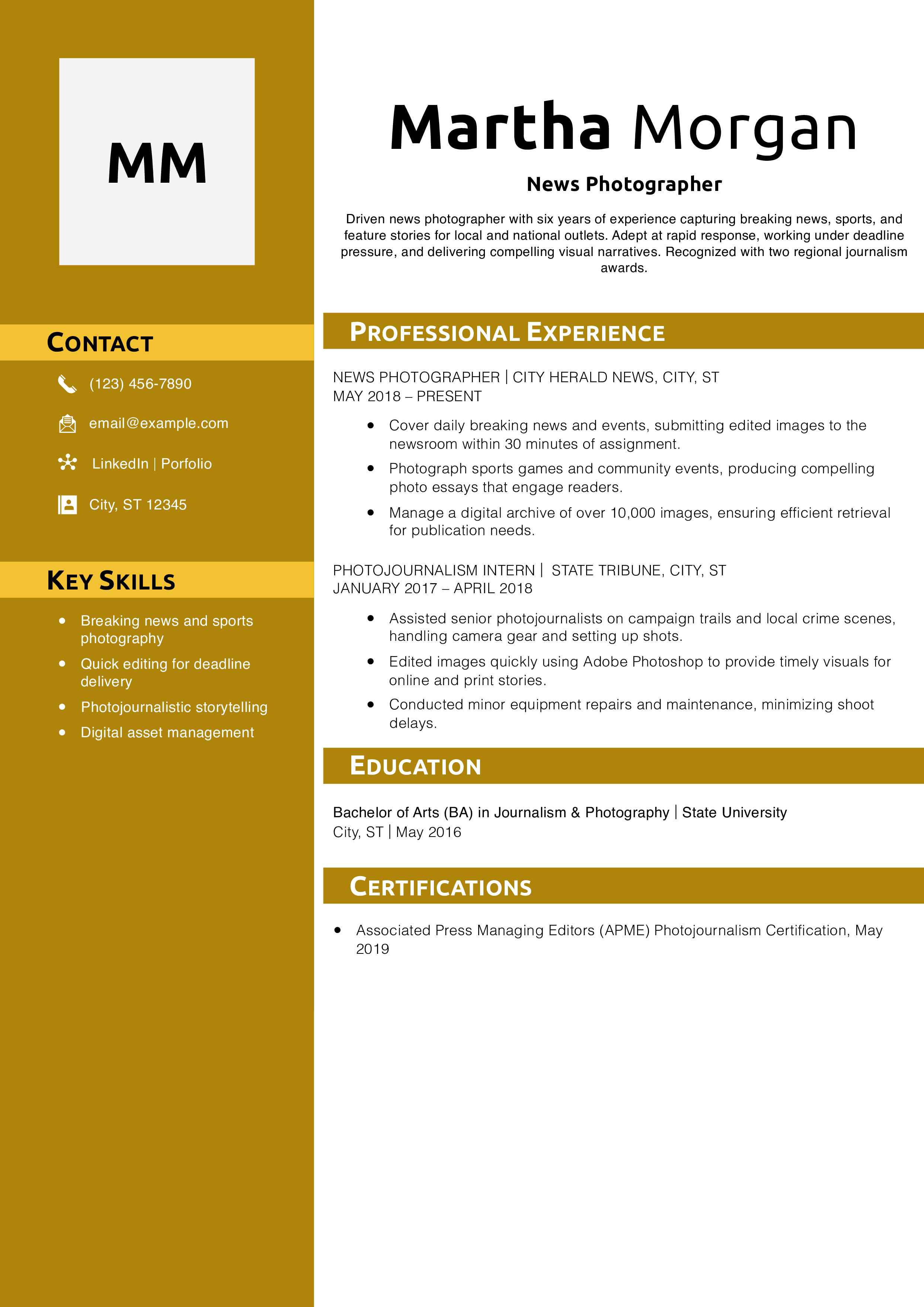News Photographer Resume Example