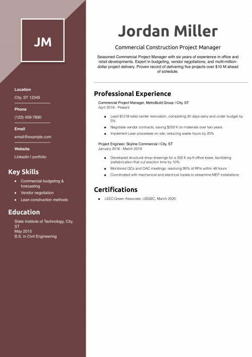 Commercial Construction Project Manager Resume Example