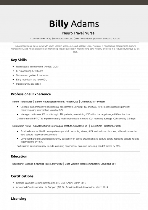 Neuro Travel Nurse Resume Example