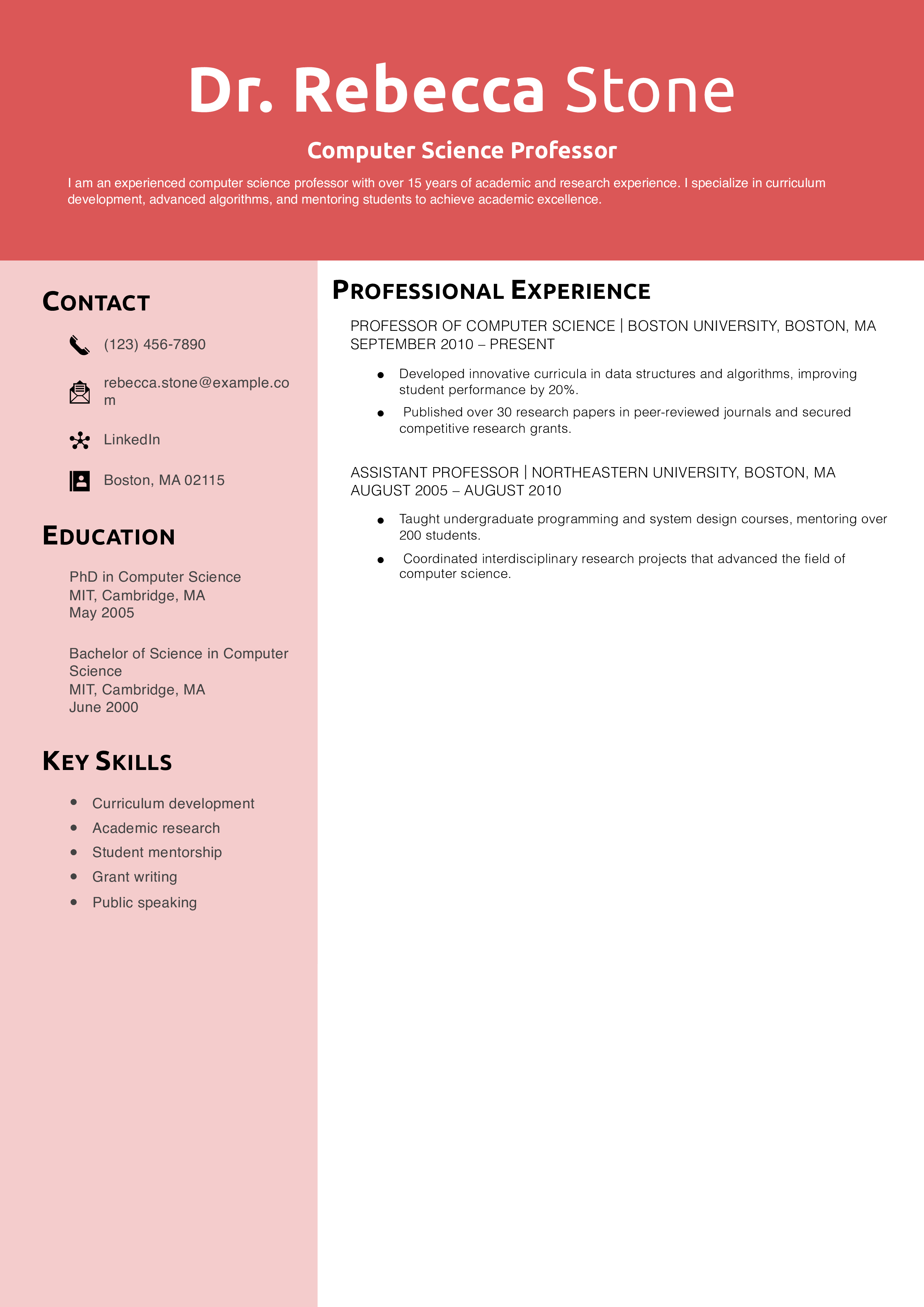 Computer Science Professor Resume Example