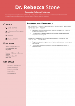 Computer Science Professor Resume Example
