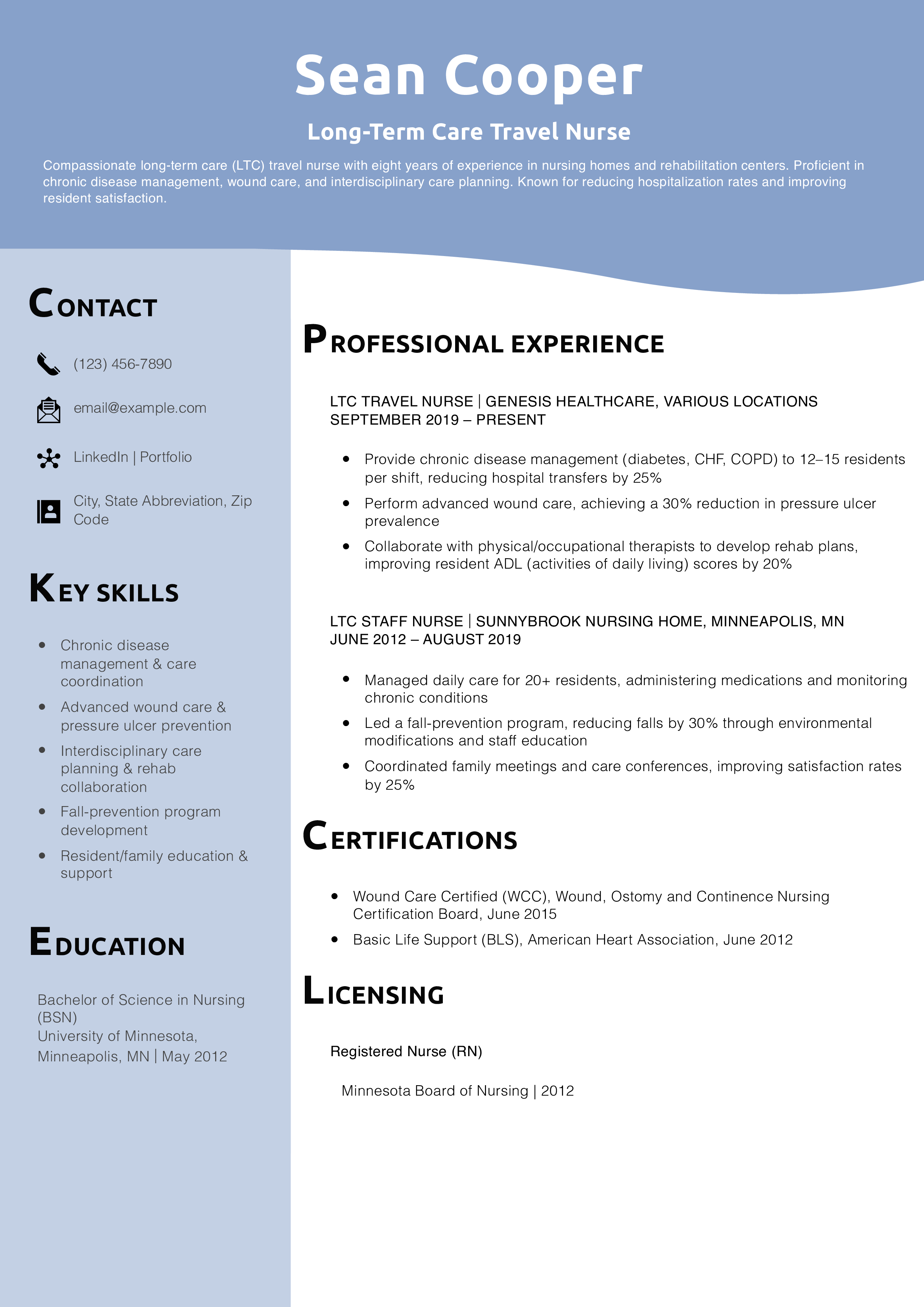 Long-Term Care Travel Nurse Resume Example