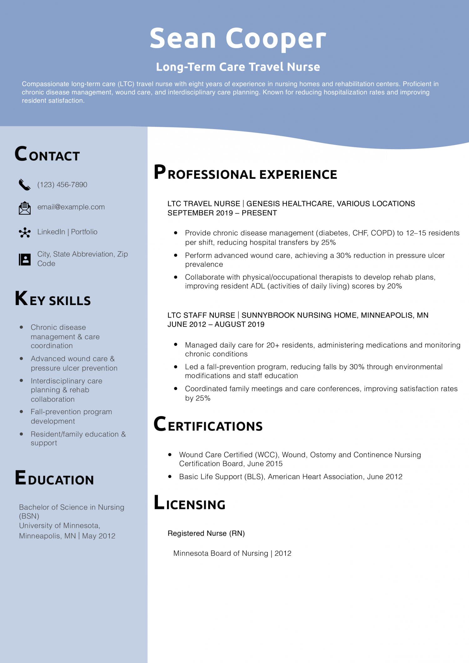 Long-Term Care Travel Nurse Resume Example