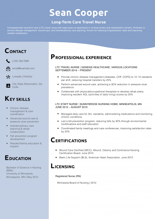 Long-Term Care Travel Nurse Resume Example