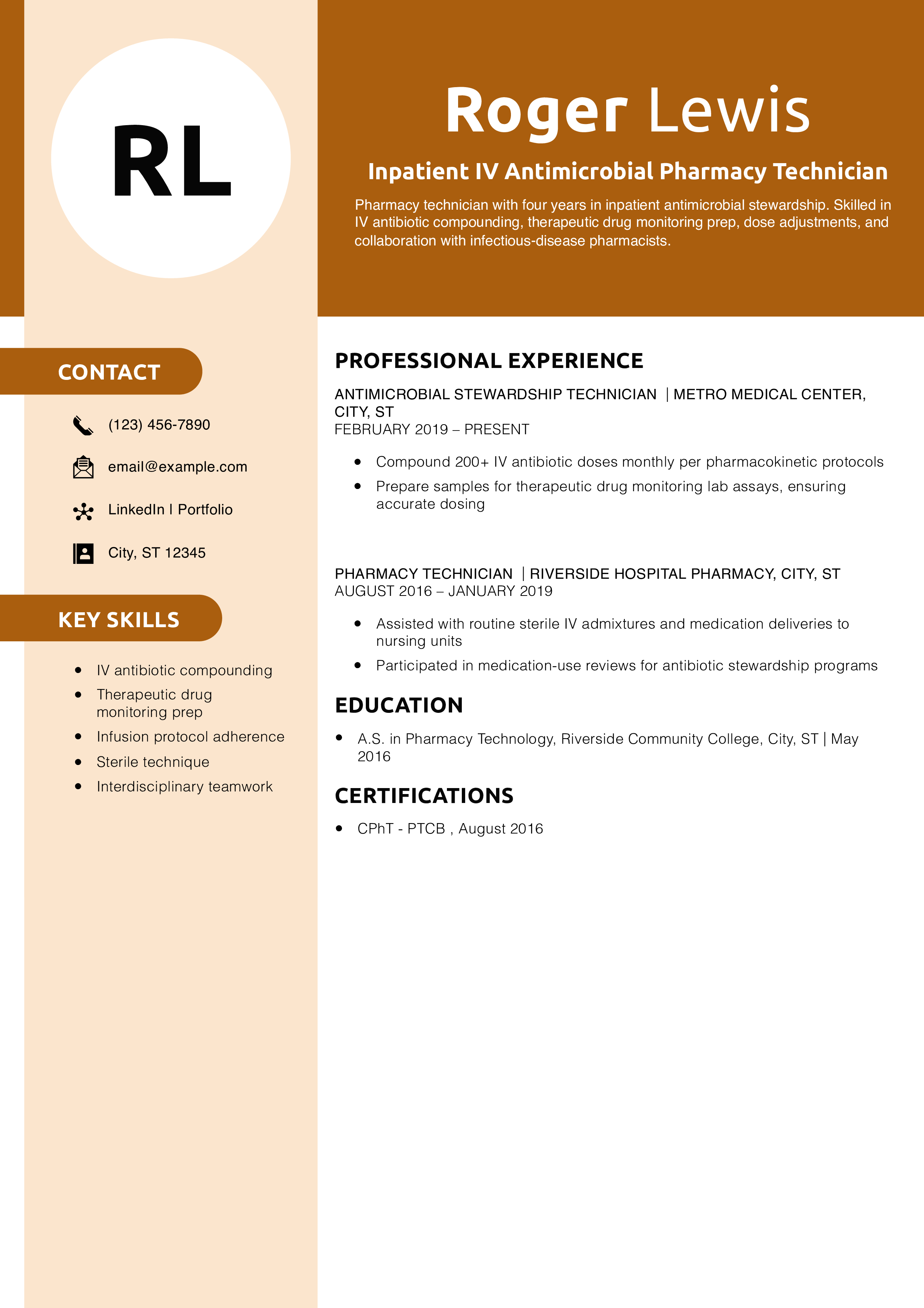 Inpatient IV Antimicrobial Pharmacy Technician Resume Example